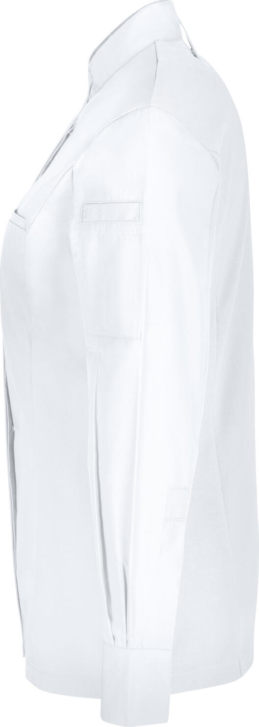 JOBELINE LUSINI Solutions GmbH Women's chef's jacket Marco long-sleeved Damen Kochjacke Marco Langarm Women's chef's jacket Marco long-sleeved; Size 42; white Damen Kochjacke Marco Langarm; Kleidergröße 42; weiß 65 % polyester, 35 % cotton. 150 g/m². 60 °C wash. Elegant women's chef jacket made of an extra-light and breathable fabric. With stand-up collar and concealed snap button placket, as well as a two-section upper arm pocket. With an inset piped pocket on the chest and practical bib apron loop at the neck. The sleeve end is formed by a classic shirt cuff with snap buttons. The entire back, as well as the lower part of the sleeves, is made of a breathable and elastic piqué material, which ensures a slim and extremely comfortable fit. Slightly tailored cut. Back length: 68 cm for size 36. 65 % Polyester, 35 % Baumwolle. 150 g/m². 60°-Wäsche Elegante Damenkochjacke aus einem extraleichten und atmungsaktiven Gewebe. Mit Stehkragen und verdeckter Druckknopfleiste, sowie einer zweigeteilten Oberarmtasche. Mit einer eingelassenen Paspeltasche auf der Brust und praktischen Latzschürzenschlaufe im Nacken. Den Ärmelabschluss bildet eine klassische Hemdenmanschette mit Druckknöpfen. Die gesamte Rückenpartie, sowie der untere Teil der Ärmel besteht aus einem atmungsaktiven und elastischem Piqué Material, das für eine schmale und äußerst bequeme Passform sorgt. Leicht tailliert geschnitten. Rückenlänge: 68 cm in Gr. 36