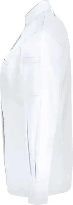 JOBELINE LUSINI Solutions GmbH Women's chef's jacket Marco long-sleeved Damen Kochjacke Marco Langarm Women's chef's jacket Marco long-sleeved; Size 42; white Damen Kochjacke Marco Langarm; Kleidergröße 42; weiß 65 % polyester, 35 % cotton. 150 g/m². 60 °C wash. Elegant women's chef jacket made of an extra-light and breathable fabric. With stand-up collar and concealed snap button placket, as well as a two-section upper arm pocket. With an inset piped pocket on the chest and practical bib apron loop at the neck. The sleeve end is formed by a classic shirt cuff with snap buttons. The entire back, as well as the lower part of the sleeves, is made of a breathable and elastic piqué material, which ensures a slim and extremely comfortable fit. Slightly tailored cut. Back length: 68 cm for size 36. 65 % Polyester, 35 % Baumwolle. 150 g/m². 60°-Wäsche Elegante Damenkochjacke aus einem extraleichten und atmungsaktiven Gewebe. Mit Stehkragen und verdeckter Druckknopfleiste, sowie einer zweigeteilten Oberarmtasche. Mit einer eingelassenen Paspeltasche auf der Brust und praktischen Latzschürzenschlaufe im Nacken. Den Ärmelabschluss bildet eine klassische Hemdenmanschette mit Druckknöpfen. Die gesamte Rückenpartie, sowie der untere Teil der Ärmel besteht aus einem atmungsaktiven und elastischem Piqué Material, das für eine schmale und äußerst bequeme Passform sorgt. Leicht tailliert geschnitten. Rückenlänge: 68 cm in Gr. 36