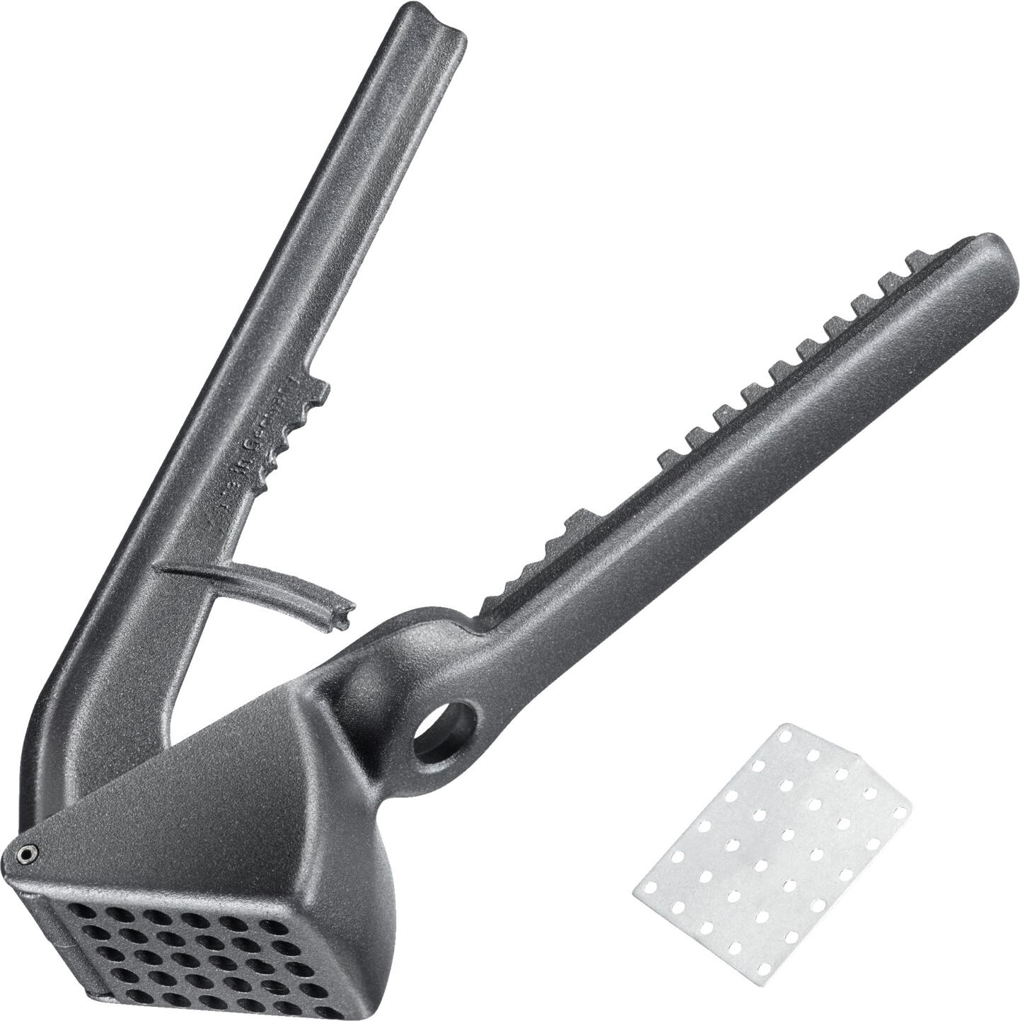 Westmark Westmark GmbH Multi-purpose press Extracta Black Edition Mehrzweckpresse Extracta Black Edition Multi-purpose press Extracta Black Edition; 16x5x3.3 cm (LxWxH); black Mehrzweckpresse Extracta Black Edition; 16x5x3.3 cm (LxBxH); schwarz Westmark multi-purpose press Extracta - Black Edition The Westmark Extracta - Black Edition is much more than a classic garlic or onion press. It has been developed for multifunctional use in the professional kitchen - robust, ergonomic and versatile. The appliance processes onions and garlic effortlessly and is particularly efficient thanks to the insert sieve. The Extracta also has integrated functional elements on the handle for use as an olive destoner, nutcracker or fish scaler. Made from solid aluminium with a special non-slip coating, the press sits comfortably and securely in the hand - even when used for long periods under time pressure. Advantages at a glance: For garlic & onions - with removable sieve for easy cleaning Multifunctional: Integrated tools for olives, nuts & fish Ergonomic design with extra non-slip feel Robust aluminium design with special coating - durable & easy to clean Suitable for dishwasher Made in Germany - quality for the catering trade Colour: black / silver Westmark Mehrzweckpresse Extracta – Black Edition Die Westmark Extracta – Black Edition ist weit mehr als eine klassische Knoblauch- oder Zwiebelpresse. Sie wurde für den multifunktionalen Einsatz in der Profiküche entwickelt – robust, ergonomisch und vielseitig. Das Gerät verarbeitet mühelos Zwiebeln und Knoblauch, dank Einlegesieb auch besonders effizient. Zusätzlich bietet die Extracta am Griff integrierte Funktionselemente für den Einsatz als Olivenentsteiner, Nussknacker oder Fischentschupper. Gefertigt aus massivem Aluminium mit rutschhemmender Spezialbeschichtung, liegt die Presse angenehm und sicher in der Hand – auch bei längeren Einsätzen unter Zeitdruck. Vorteile auf einen Blick: Für Knoblauch & Zwiebeln – mit herausnehmbarem Sieb für einfache Reinigung Multifunktional: Integrierte Werkzeuge für Oliven, Nüsse & Fisch Ergonomisches Design mit extra griffiger Haptik Robuste Ausführung aus Aluminium mit Spezialbeschichtung – langlebig & pflegeleicht Spülmaschinengeeignet Made in Germany – Qualität für die Gastronomie Farbe: Schwarz / Silber