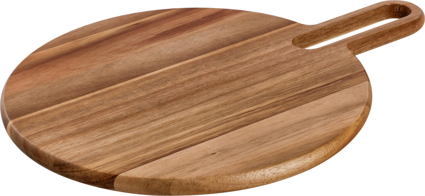 VEGA LUSINI Solutions GmbH Serving board Zamiro round, with a handle Servierbrett Zamiro rund, mit Griff Serving board Zamiro round, with a handle; 30x1.5 cm (ØxH); brown; round Servierbrett Zamiro rund, mit Griff; 30x1.5 cm (ØxH); braun; rund Trendy food board made of oiled acacia wood with carrying handle and an extra wide hanging hole. Not suitable for dishwasher. Food safe. Trendiges Speisenbrett aus geöltem Akazienholz mit Tragegriff und einem extra breiten Aufhängeloch. Nicht spülmaschinengeeignet. Lebensmittelecht.