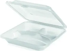 Contacto Contacto Bander GmbH Reusable container Eco-Takeout® 3 compartments Mehrweg-Behälter Eco-Takeout® 3 Fächer Reusable container Eco-Takeout® 3 compartments; 23x23x7 cm (LxWxH); transparent; square; 12 piece / pack Mehrweg-Behälter Eco-Takeout® 3 Fächer; 23x23x7 cm (LxBxH); transparent; quadratisch; 12 Stück / Pack Reusable, three-part menu box made of polypropylene. Ideal for the take-away sector, the sustainable alternative to disposable packaging. Dishwasher safe. Stackable, stable, BPA free. Temperature resistance is reliably guaranteed between -40 °C and +80 °C. Wiederverwendbare, dreigeteilte Menübox aus Polypropylen. Ideal für den Take-Away Bereich, die nachhaltige Alternative zu Einwegverpackungen. Spülmaschinenfest. Stapelbar, stabil, BPA frei. Die Temperaturbeständigkeit ist zwischen -40 °C und +80 °C zuverlässig gewährleistet.