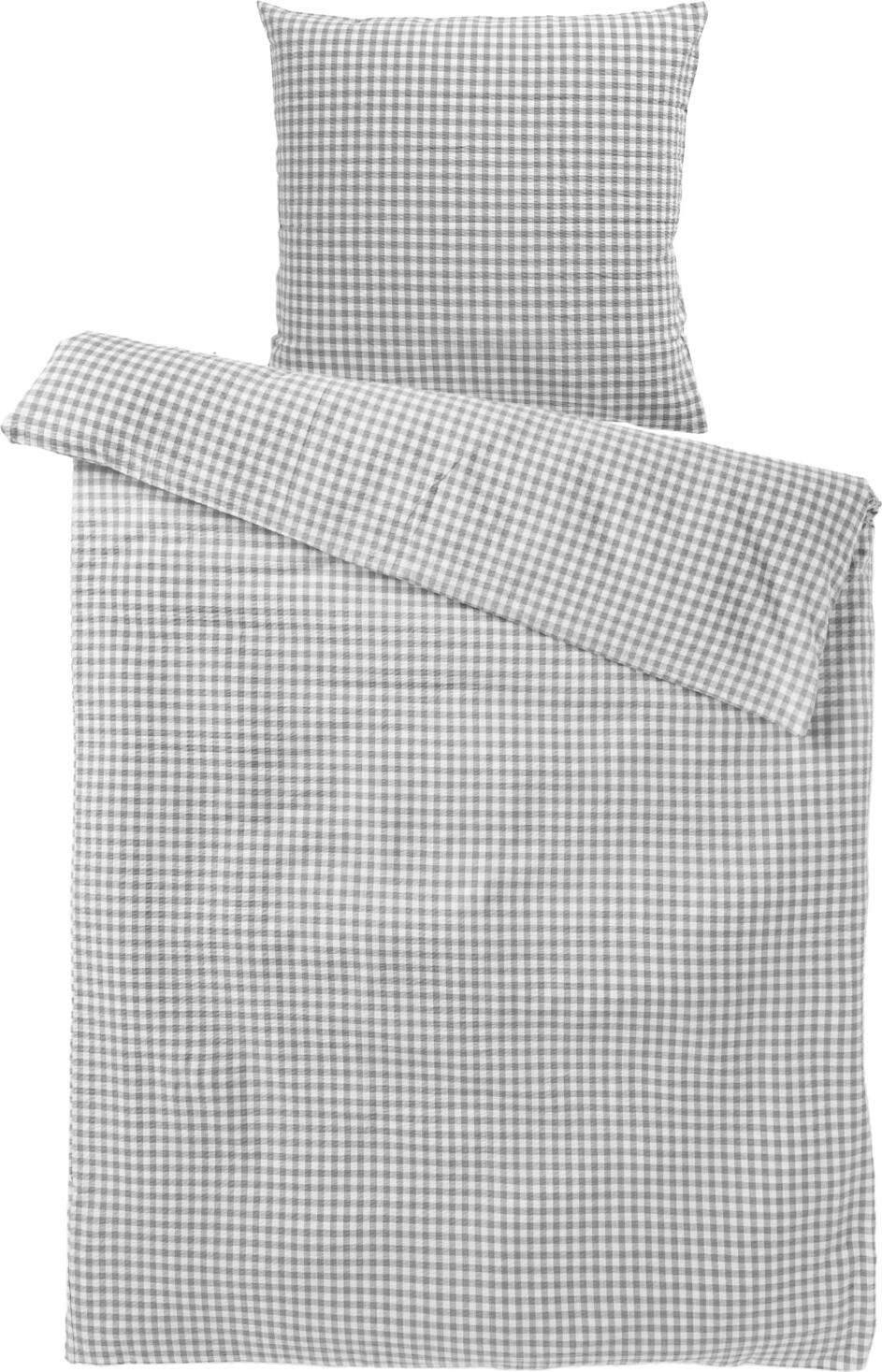 Set Lenjerie PULSIVA Carrano Seersucker, 100% Bumbac Mercerizat, Model Carouri Gri, Husa Pota 135x200 cm, Fata Perna 80x80 cm, OEKO-TEX Standard 100