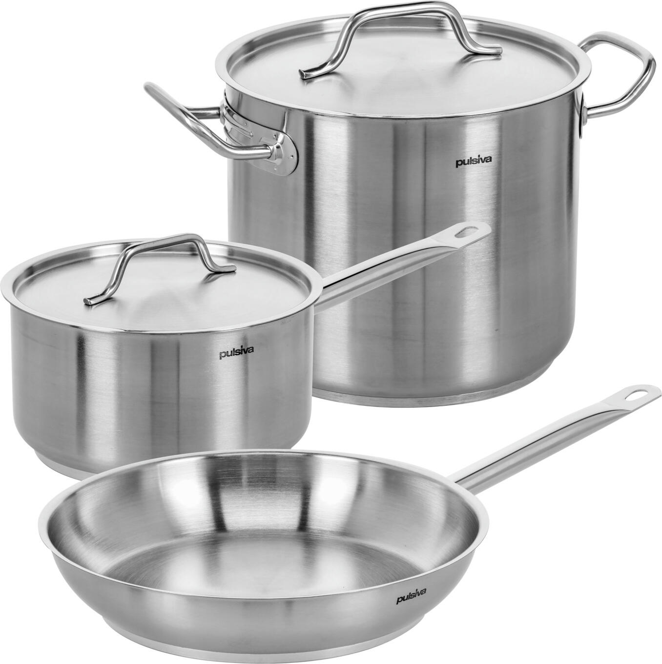 PULSIVA LUSINI Solutions GmbH Pot/pan set Chef 5-piece Topf-/Pfannenset Chef 5-teilig Pot/pan set Chef 5-piece; silver Topf-/Pfannenset Chef 5-teilig; silber High-quality 5-piece set made of 18/0 chrome stainless steel, matt brushed, with polished rim. 6 mm thick aluminium-stainless steel base in sandwich technology for excellent heat distribution. Spot-welded, solid handles. Handles are thermally insulated. With pouring rim. Suitable for all hob types. High strength (material thickness 0.8-1 mm), long service life. Stackable and dishwasher-safe. The set consists of two pots of different sizes including matching lids and a pan. Volume and dimensions: pot 9.4 l: 24x21 cm, saucepan 3.3 l: 20x11.5 cm Pan: 28x6 cm. Hochwertiges 5-teiliges Set aus 18/0 Chrom-Edelstahl, rostfrei, matt gebürstet, mit poliertem Rand. 6 mm starker Aluminium-Edelstahlboden in Sandwich-Technik für eine sehr gute Hitzeverteilung. Punktgeschweißte, massive Griffe. Griffe sind wärmeisoliert. Mit Schüttrand. Für alle Herdarten geeignet. Hohe Festigkeit (Materialstärke 0,8–1 mm), lange Lebensdauer. Stapelbar und spülmaschinengeeignet. Das Set besteht aus zwei unterschiedlich großen Töpfen inkl. passenden Deckeln und einer Pfanne. Volumen und Maße: Topf 9,4 l: 24x21 cm, Stielkasserolle 3,3 l: 20x11,5 cm Pfanne: 28x6 cm