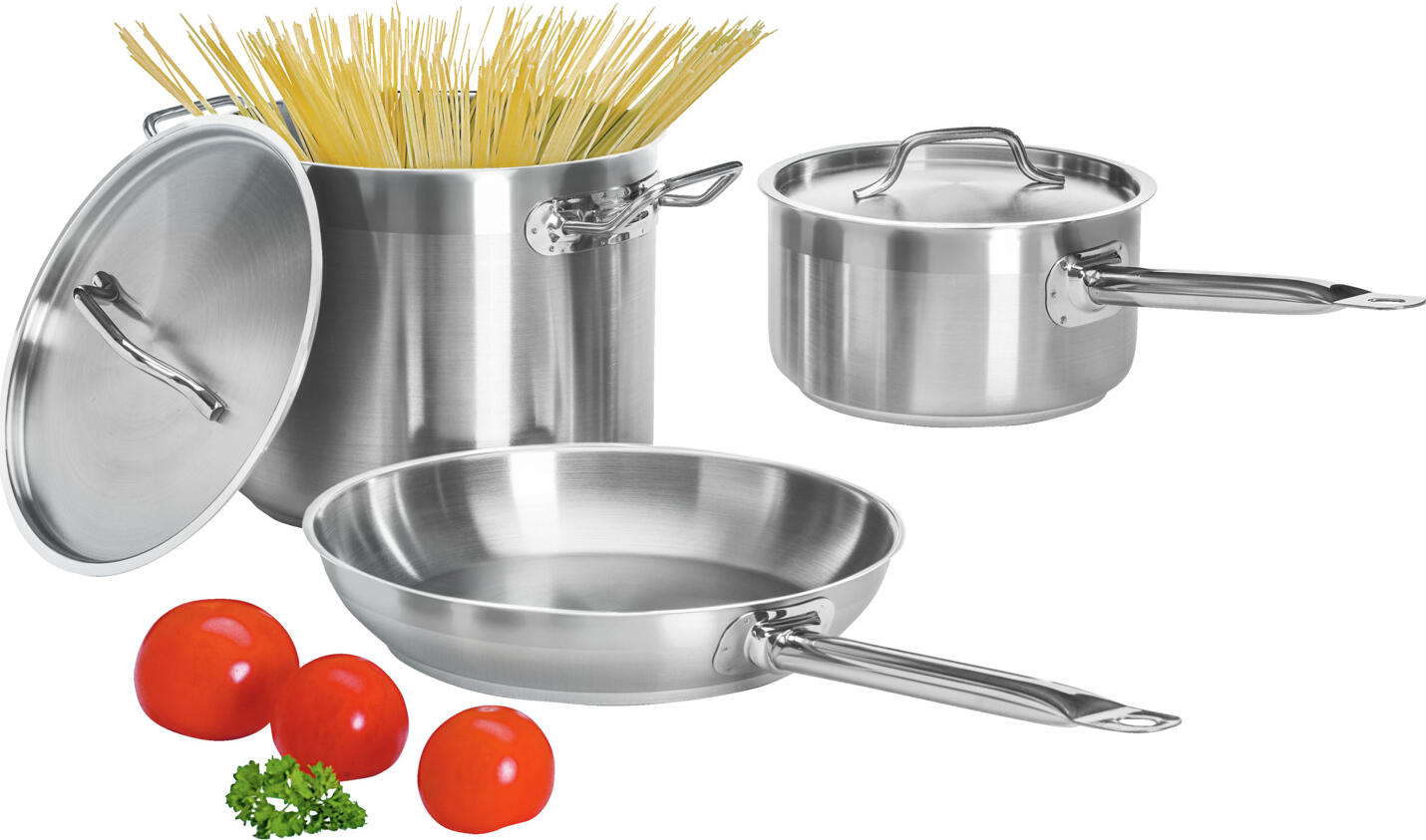 PULSIVA Chef 5-Piece Pot and Pan Set, 18/0 Chrome Stainless Steel, Sandwich Base, Dishwasher-Safe, All Hob Compatible, Silver