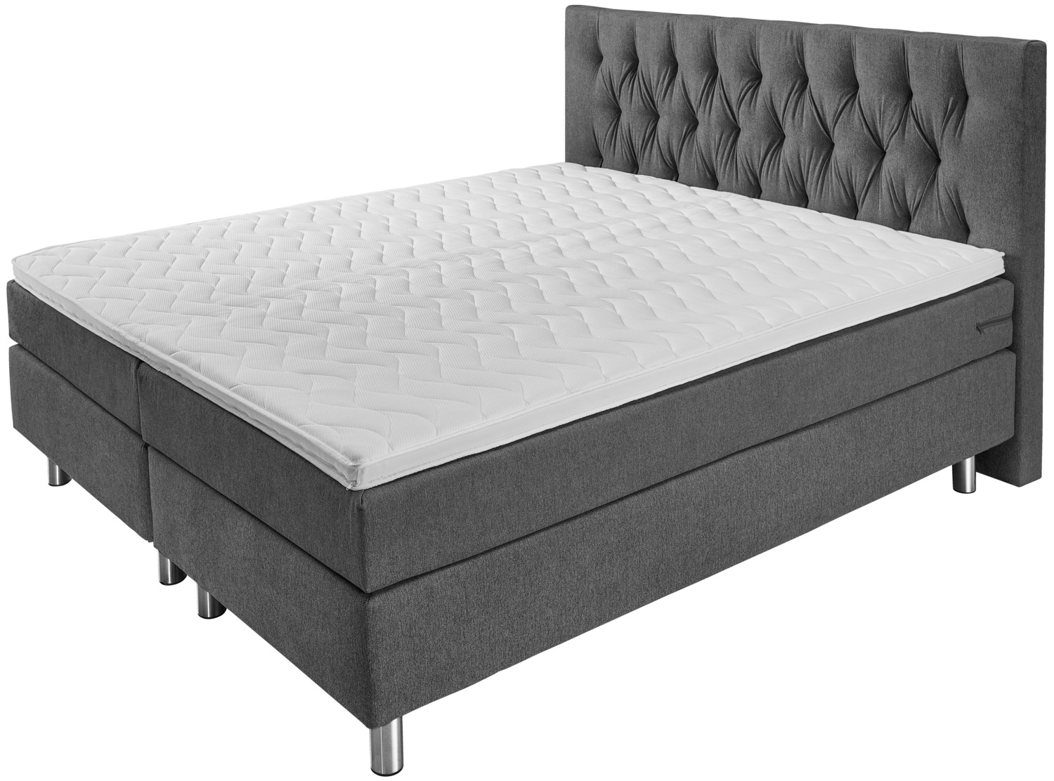 VEGA LUSINI Solutions GmbH Box spring bed Premium Upholstery fabric, Chesterfield headb Boxspringbett Premium Möbelstoff, Rückenteil Chesterfield Box spring bed Premium Upholstery fabric, Chesterfield headboard; 200x200x69 cm (WxLxH); anthracite; hard Boxspringbett Premium Möbelstoff, Rückenteil Chesterfield; 200x200x69 cm (BxLxH); anthrazit; H3-fest Box spring bed in a practical complete set. Box with pocket springs. Solid wood frame. 7-zone pocket spring mattress. Gel foam topper for comfortable sleep. Headboard with classic Chesterfield quilting. Silver steel feet. Height for getting into bed: 69 cm. Height: Feet 16 cm + box 27 cm + mattress 21 cm + topper 5 cm; total height: 69 cm. With upholstery fabric cover. Available as a single or double bed. Supplied with connecting elements. Boxspringbett im praktischen Komplettset. Box mit Fünf-Zonen-Taschenfederkernmatratze mit 540 Federn auf 2 m². Gepolsteter Rahmen aus Vollholz. 7-Zonen Taschenfederkernmatratze mit 920 Federn auf 2 m². Gelschaum-Topper für guten Schlafkomfort. Rückenteil mit typischer Chesterfield-Steppung - Höhe 115 cm. Rostfreie Metallfüße in Silber. Einstiegshöhe: 69 cm. Höhe Füße 16 cm + Box 27 cm + Matratze 21 cm  + Topper 5 cm insgesamt: 69 cm. Mit Möbelstoff-Bezug. Als Einzel- oder Doppelbett erhältlich. Lieferung inkl. Verbindungselemente. Füße der Betten sind bei Lieferung im Inneren der Box zu finden.
