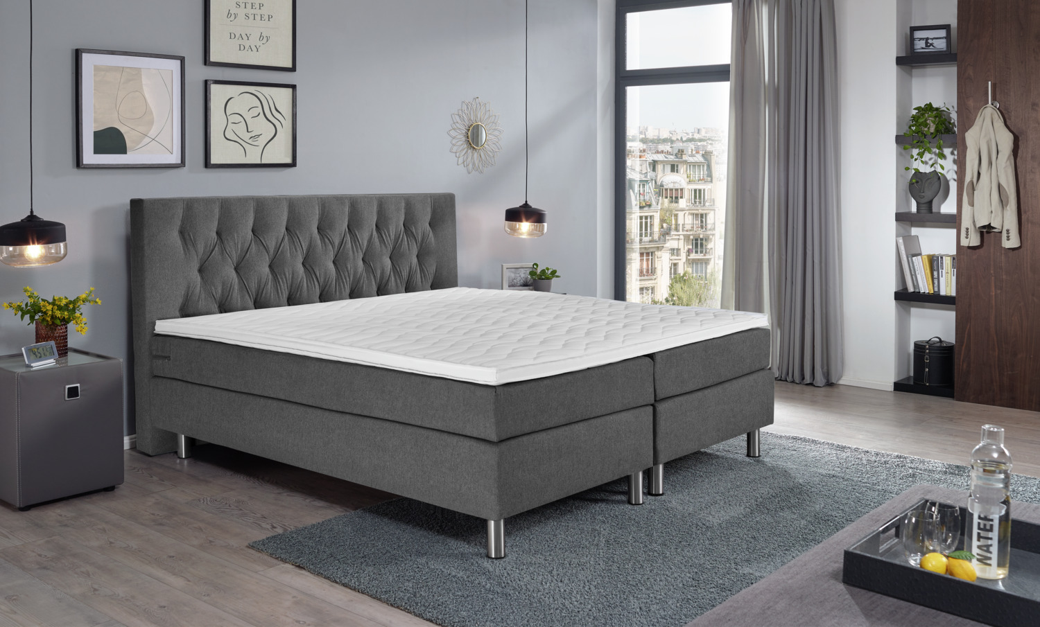 VEGA Premium Box Spring Bed with Chesterfield Headboard, 5-Zone Pocket Spring Base, 7-Zone Mattress, Gel Foam Topper, H3 Hard, 200x200x69 cm
