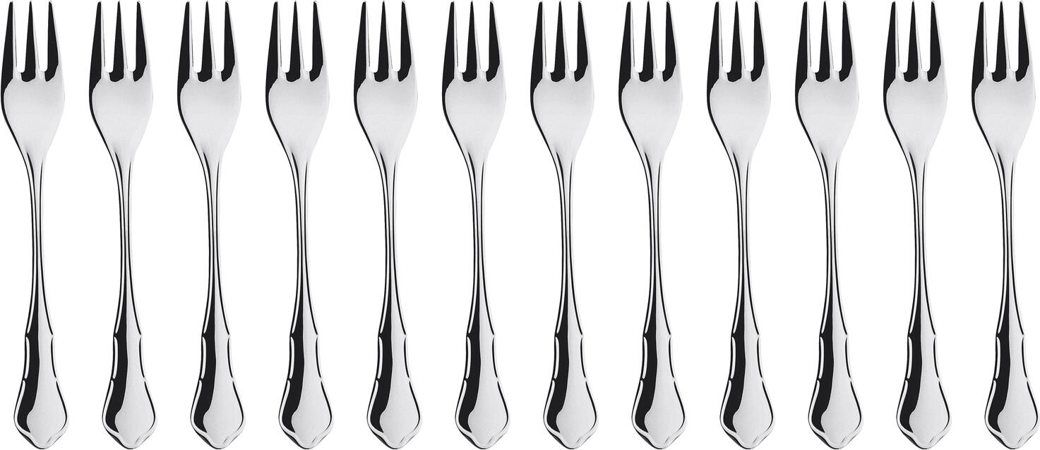 Pulsiva Malaga II Cake Fork, 18/0 Chrome Stainless Steel, Mirror Polished, Nickel-Free, 14.7 cm, Classic Baroque Style for Gastronomy