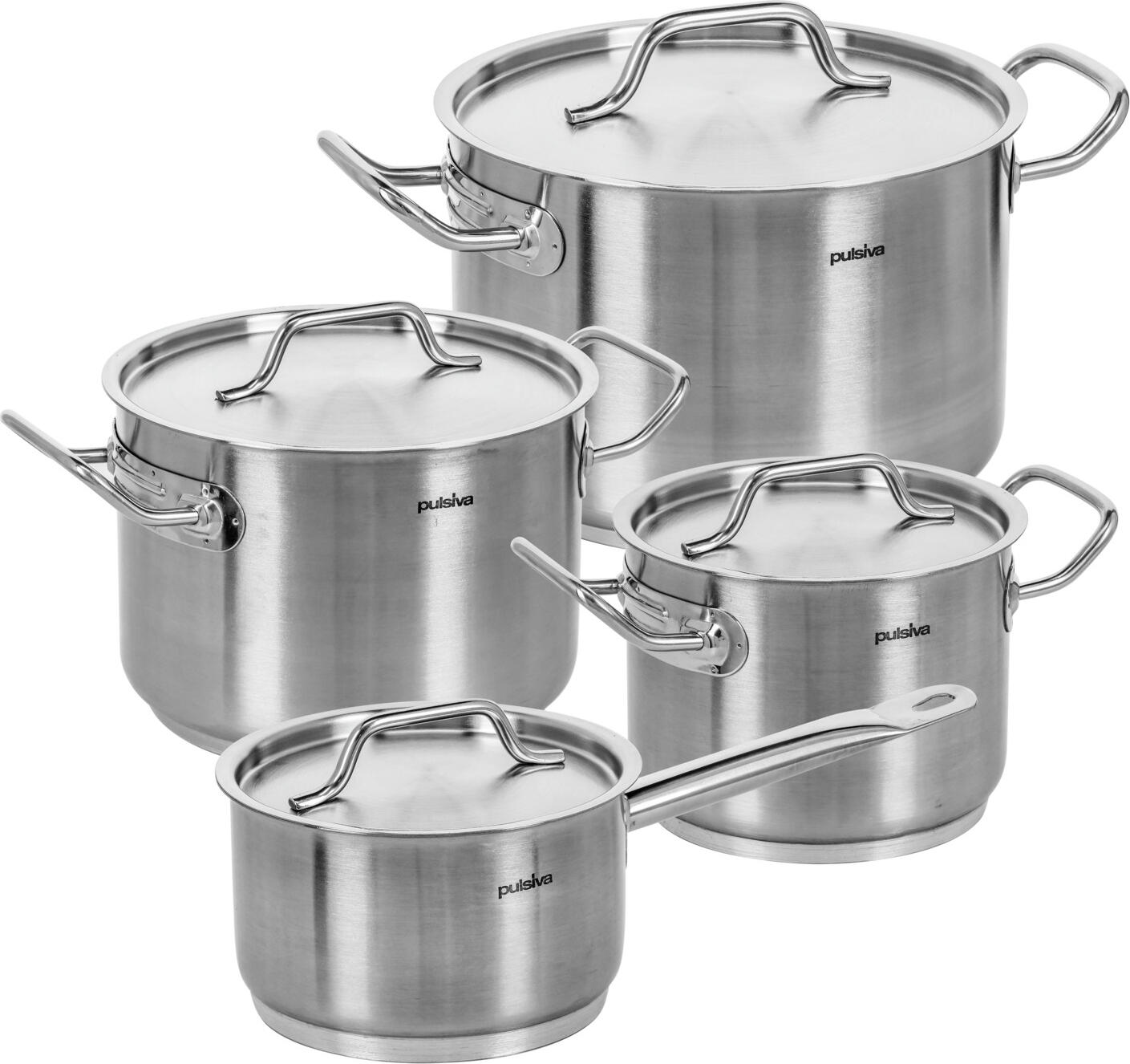 PULSIVA LUSINI Solutions GmbH Cookware set Chef 8-piece Kochtopf-Set Chef 8-teilig Cookware set Chef 8-piece; silver Kochtopf-Set Chef 8-teilig; silber The durable Chef saucepan set consists of eight pieces (three saucepans of different sizes, a saucepan and the corresponding lids). Spot-welded, solid handles. A pouring rim makes it easier to pour out liquids. Handles are thermally insulated. * Volume and dimensions (Ø x H): pot 2 l: 16x10.8 cm, pot 4.1 l: 20x13.5 cm, pot 6.75 l: 24x15.5 cm, saucepan 1.75 l: 16x10 cm * 18/10 chrome-nickel stainless steel, matt brushed finish * Stainless steel base in sandwich technology with 6 mm aluminium core * eight pieces * suitable for all hob types * high strength (material thickness 0.8-1 mm) * stackable and dishwasher-safe You can use this saucepan set for ceramic, electric and induction hobs as well as for gas hobs. Das langlebige Kochtopfset Chef besteht aus acht Teilen (drei unterschiedlich großen Töpfen, einer Stielkasserolle sowie den dazugehörigen Deckeln). Punktgeschweißte, massive Griffe. Ein Schüttrand erleichtert das Ausgießen von Flüssigkeiten. Griffe sind wärmeisoliert. * Volumen und Maße (Ø x H): Topf 2 l: 16x10,8 cm, Topf 4,1 l: 20x13.5 cm, Topf 6.75 l: 24x15.5 cm, Stielkasserolle 1.75 l: 16x10 cm * 18/10 Chrom-Nickel-Edelstahl, rostfrei, matt gebürstet * Edelstahlboden in Sandwich-Technik mit 6 mm Aluminiumkern * achtteilig * für alle Herdarten geeignet * hohe Festigkeit (Materialstärke 0,8-1 mm) * stapelbar und spülmaschinenfest Sie können dieses Kochtopfset sowohl für Ceran-, Elektro- und Induktion- als auch für Gasherde verwenden.