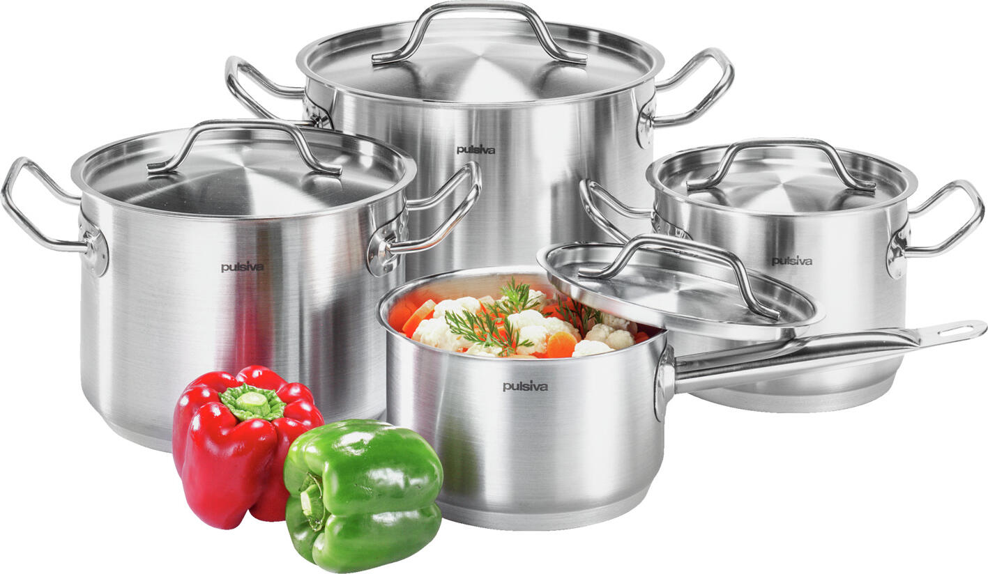Set Vase Pulsiva Chef 8 Piese, Otel Inoxidabil 18/10, Finisaj Mat Periat, Baza Sandwich pentru Inductie, Gaz, Electric, Ceramic, Argintiu