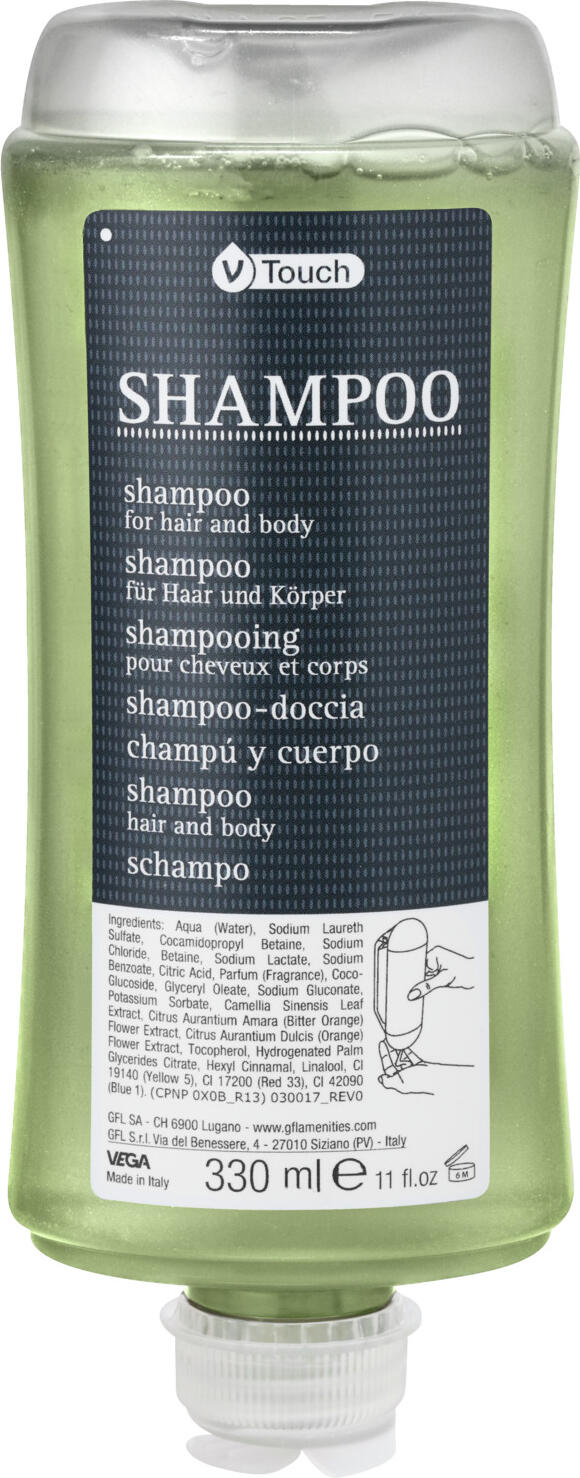V-Touch LUSINI Solutions GmbH Hotel shampoo and shower gel Silver in dispenser system Hotel Shampoo und Duschgel Silver im Spendersystem Hotel shampoo and shower gel Silver in dispenser system; 330 ml; anthracite/grey; 24 piece / pack Hotel Shampoo und Duschgel Silver im Spendersystem; 330 ml; anthrazit/grau; 24 Stück / Pack The harmonious, fresh two-in-one shampoo and shower gel from V-Touch Silver gently cleanses and cares for the skin and provides the hair with high-quality hair care. It exudes a delicate fragrance of citrus fruits and exquisite flowers. It is a real care all-rounder with valuable extracts of black tea and organic extracts of bitter orange. Dermatologically tested. The liquid shampoo and shower gel in the useful dispenser bottle is easy to remove. The dispenser bottle is made of 100% recycled material and is simply hung in the dispenser. It is removed by pressing lightly on the bottle. The dispenser bottle is also environmentally friendly and can be recycled after use. Dispenser bottle capacity: 330 ml. Order matching holder separately. Das harmonische, frische zwei-in-eins Shampoo und Duschgel von V-Touch Silver reinigt und pflegt sanft die Haut und versorgt das Haar mit hochwertiger Haarpflege. Es verströmt einen zarten Duft nach Zitrusfrüchten und erlesenen Blüten. Es ist ein echter Pflege-Allrounder mit wertvollen Extrakten vom Schwarzen Tee und den Bio-Extrakten der Bitterorange. Dermatologisch getestet. Das flüssige Shampoo und Duschgel in der nützlichen Spenderflasche ist einfach zu entnehmen. Die Spenderflasche ist aus 100 % recyceltem Material und wird in den Spender einfach eingehängt. Die Entnahme erfolgt durch leichten Druck auf die Flasche. Dazu ist die Spenderflasche umweltschonend und kann nach Gebrauch recycelt werden. Spenderflasche Inhalt: 330 ml. Passende Halterung separat dazu bestellen.