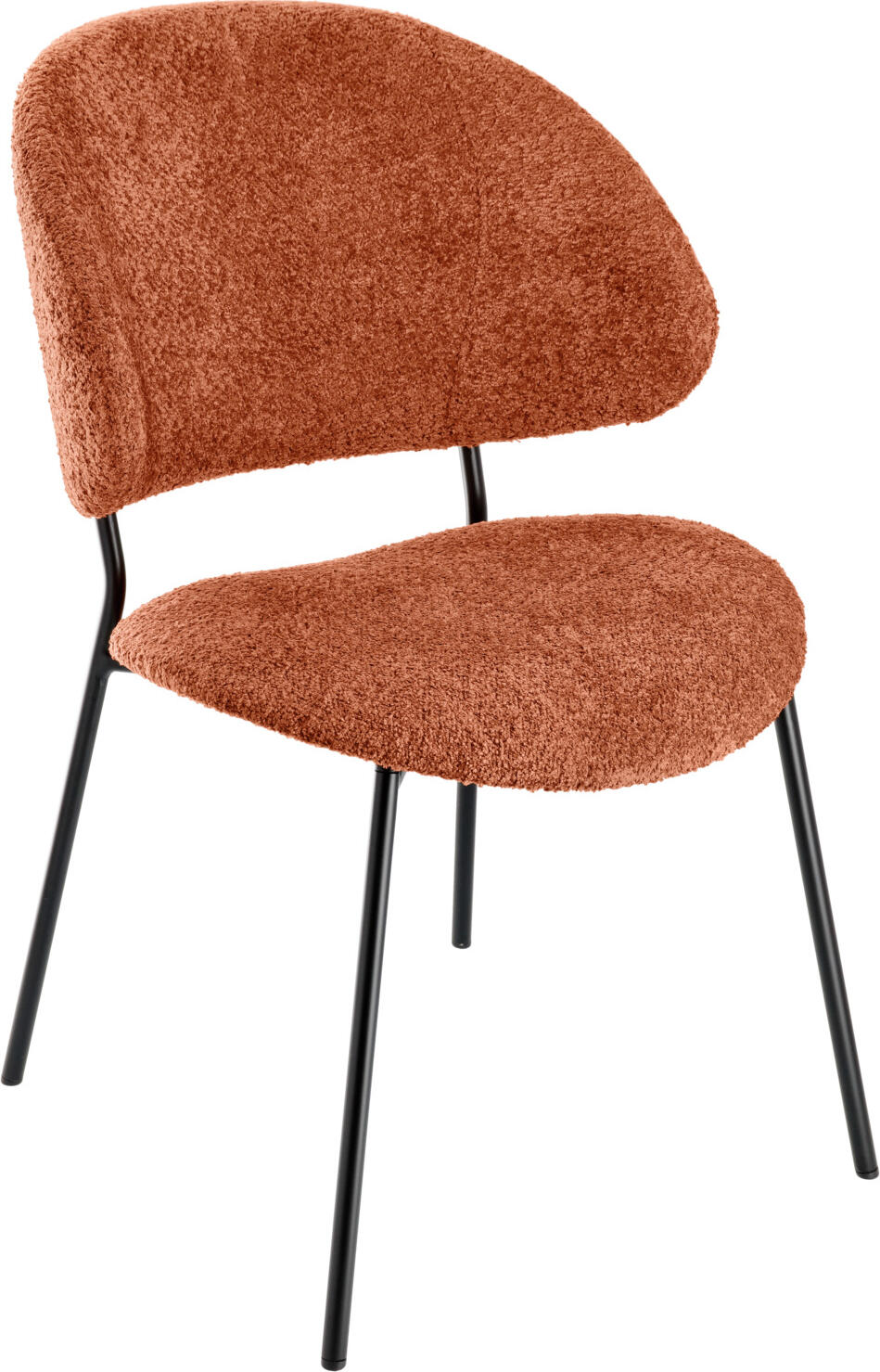 VEGA LUSINI Solutions GmbH Upholstered chair Lindo Bouclé Polsterstuhl Lindo Bouclé Upholstered chair Lindo Bouclé; 55x65x85 cm (WxDxH); seat terracotta, base black Polsterstuhl Lindo Bouclé; 55x65x85 cm (BxTxH); Sitz terrakotta, Gestell schwarz Elegant upholstered chair with trendy bouclé fabric cover (100% polyester) and powder-coated steel frame. Ergonomic seat shell. Suitable for indoor use only. Supplied assembled. Eleganter Polsterstuhl mit trendigem Bouclé-Stoffbezug (100 % Polyester) und pulverbeschichtetem Stahlgestell. Ergonomische Sitzschale. Nur für den Innenbereich geeignet. Lieferung erfolgt montiert.