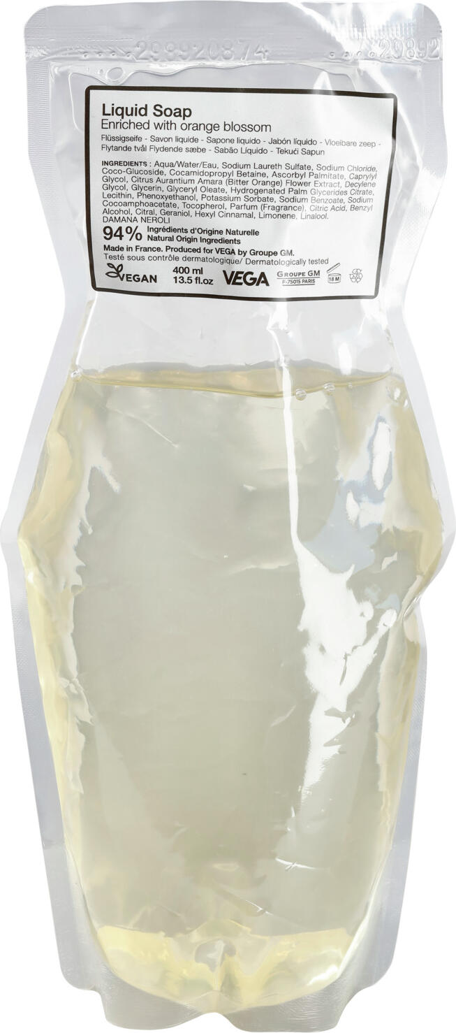 V-Touch LUSINI Solutions GmbH Hotel liquid soap Mountain Spa refill bag Hotel Flüssigseife Mountain Spa Nachfüllbeutel Hotel liquid soap Mountain Spa refill bag; 400 ml; transparent; 18 piece / pack Hotel Flüssigseife Mountain Spa Nachfüllbeutel; 400 ml; transparent; 18 Stück / Pack Delicately scented liquid hand soap from V-Touch Mountain Spa. Ideal body care for daily use. Based on mild, nourishing and environmentally friendly ingredients that gently and effectively cleanse the skin.  With nourishing orange blossom extracts. Dermatologically tested and pH-neutral!  The refill pouch consists of only 8 g of recyclable plastic and thus reduces waste. The seal ensures complete traceability of the cosmetics. Zart duftende flüssige Handseife von V-Touch Mountain Spa. Ideale Körperpflege für die tägliche Anwendung. Basiert auf milden, pflegenden und umweltschonende  Inhaltsstoffen, die die Haut sanft und effektiv reinigen.  Mit pflegenden Extrakten der Orangenblüte. Dermatologisch getestet und pH-neutral!  Der Nachfüllbeutel besteht aus nur 8 g recycelbarem Kunststoff und reduziert so den Abfall. Durch die Versiegelung ist eine vollständige Rückverfolgbarkeit der Kosmetik gegeben.