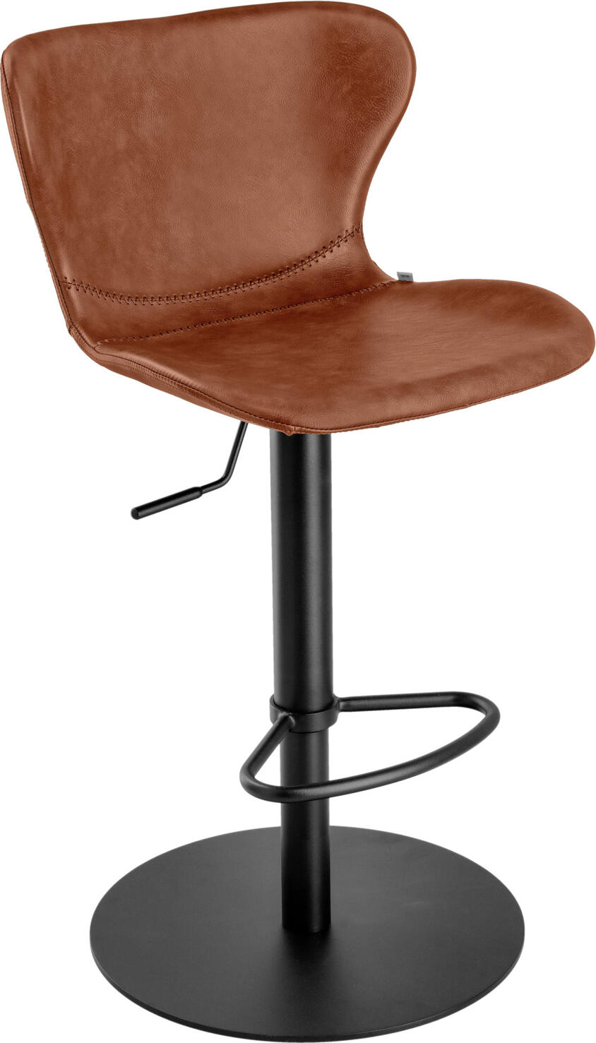 VEGA LUSINI Solutions GmbH Bar stool Dallas Barstuhl Dallas Bar stool Dallas; 45x35x105 cm (WxDxH); seat cognac, base black Barstuhl Dallas; 45x35x105 cm (BxTxH); Sitz cognac, Gestell schwarz Bar stool with seat made of imitation leather in vintage look and sturdy, powder-coated steel base with footrest in matt black finish. Seat rotates 360 degrees and is height-adjustable thanks to a gas pressure spring. Footrest always remains at the same distance from the seat (40 cm), infinitely variable seat height adjustment possible. Min. seat height 54 cm, max. seat height 79 cm, adjustable up to 25 cm. Only suitable for indoor use. Supplied disassembled, incl. fixing material. Barstuhl mit Sitzfläche aus Kunstleder im Vintage Look und stabilen, pulverbeschichteten Stahlfuß mit Fußstütze in mattschwarzer Oberfläche. Drehbarer Sitz um 360 Grad und höhenverstellbar durch eine Gasdruckfeder. Fußstütze bleibt immer auf gleichen Abstand zur Sitzfläche (40 cm), Sitzhöhenverstellung stufenlos möglich. Min. Sitzhöhe 54 cm, max. Sitzhöhe 79 cm, bis zu 25 cm verstellbar. Nur für den Innenbereich geeignet. Lieferung erfolgt zerlegt, inkl. Befestigungsmaterial.