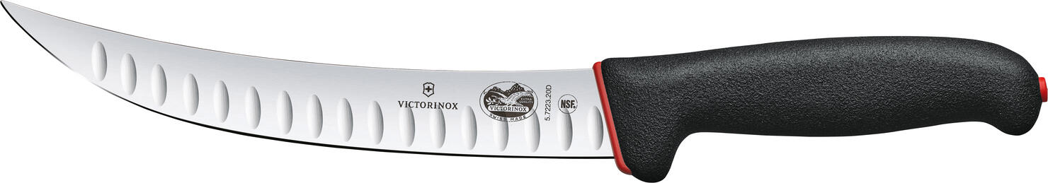 Victorinox Victorinox AG Butcher's knife Fibrox Dual Grip narrow Schlachtmesser Fibrox Dual Grip Kullen schmal Butcher's knife Fibrox Dual Grip narrow; Blade length 20 cm, 34 cm (L); silver/black/red Schlachtmesser Fibrox Dual Grip Kullen schmal; Klingenlänge 20 cm, 34 cm (L); silber/schwarz/rot First-class handle functionality Ergonomically designed, non-slip two-component handles on every knife Swiss-made professional knives, masterfully crafted with stainless steel blades for high durability Special water and grease repellent handle for maximum durability We present the essentials for professional meat processing. With our masterfully crafted Dual Grip knife collection, every cut is made with absolute precision. These knives with ergonomically designed two-component handles support the hand and wrist. Thanks to innovative Dual Grip technology, the knives are extremely stable and efficient. They ensure effortless work - even on particularly strenuous days. These robust and efficient knives are comfortable to hold, even when performing power-intensive tasks, and are impressive down to the last detail. Handle material: polypropylene, thermoplastic elastomers. Fibrox Dual Grip consists of a core made of polypropylene (PP) and a sheath made of thermoplastic elastomers (TPE). PP offers good strength, rigidity and hardness. It can be sterilized and can withstand temperatures of up to 100°C. TPE are very robust and have good impact strength, even at low temperatures. temperatures. Erstklassige Grifffunktionalität Ergonomisch designte, rutschfeste Zwei-Komponenten-Griffe bei jedem Messer In der Schweiz hergestellte Berufsmesser, meisterhaft gefertigt mit rostfreien Stahlklingen für hohe Widerstandsfähigkeit Spezieller wasser- und fettabweisender Griff für maximale Langlebigkeit Wir präsentieren die Essentials für die professionelle Fleischverarbeitung. Mit unserer meisterhaft gefertigten Dual Grip Messerkollektion gelingt jeder Schnitt absolut präzise. Diese Messer mit ergonomisch designten Zwei-Komponenten-Griffen unterstützen Hand und Handgelenk. Dank innovativer Dual-Grip-Technologie sind die Messer äußerst stabil und effizient. Sie sorgen für müheloses Arbeiten – selbst an besonders anstrengenden Tagen. Diese robusten und effizienten Messer liegen auch bei kraftintensiven Aufgaben angenehm in der Hand und überzeugen bis ins Detail. Material Griff: Polypropylen, Thermoplastische Elastomere. Fibrox Dual Grip besteht aus einem Kern aus Polypropylen (PP) und einer Hülle aus thermoplastischen Elastomeren (TPE). PP bietet gute Festigkeit, Steifigkeit und Härte. Es kann sterilisiert werden und hält Temperaturen von bis zu 100 °C stand. TPE sind sehr robust und haben eine gute Kerbschlagfestigkeit, auch bei niedrigen Temperaturen.