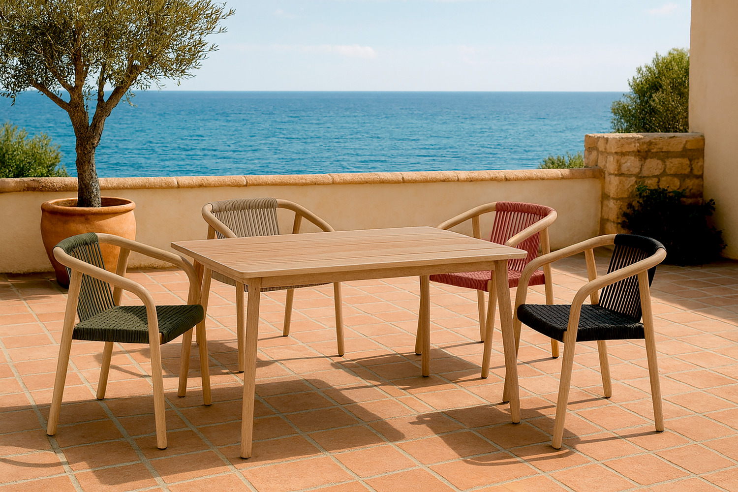 VEGA Kando Outdoor Catering Chair, Anthracite, FSC-certified Eucalyptus Wood Frame, Rope Wicker Seat and Back, Weatherproof, UV-resistant, Stackable, 58x58x75 cm