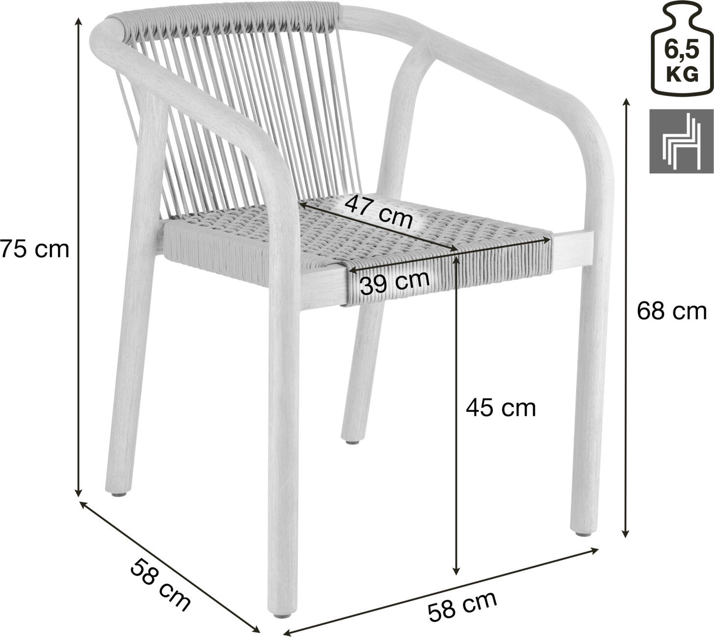 VEGA Kando Outdoor Catering Chair Set of 2, Natural FSC-certified Eucalyptus Wood Frame, Rope Wicker Seat and Back, Weatherproof, UV-resistant, Stackable, 58x58x75 cm