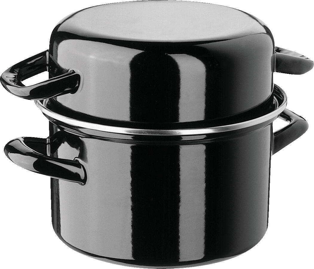 APS Assheuer + Pott GmbH & Co. KG Mussel pot Muscheltopf Mussel pot; 3.8 l, 20x13 cm (ØxH); black; round Muscheltopf; 3.8 l, 20x13 cm (ØxH); schwarz; rund Mussel pot with lid for professional kitchens made of heat-resistant enameled steel. Pot and handle with lid. Reliable keeping warm. Available in different sizes. Suitable for dishwasher. Der Servier-Muscheltopf aus emailliertem Stahlblech ist eine stilvolle Lösung zum Servieren und Präsentieren von Muscheln in Gastronomie, Restaurant und Haushalt. Er eignet sich ideal für eine Portion und ermöglicht eine ansprechende Darreichung direkt am Tisch. Der Edelstahlrand ergänzt die robuste Ausführung und sorgt für eine gepflegte Optik. Der Topf ist ausschließlich zum Servieren vorgesehen und darf nicht erhitzt werden. * Material: Emailliertes Stahlblech und Edelstahl * Für eine Portion geeignet * Zum Servieren und Präsentieren von Muscheln * Mit Edelstahlrand * Spülmaschinengeeignet * Nicht zum Kochen geeignet * Nicht für direkte Hitze geeignet