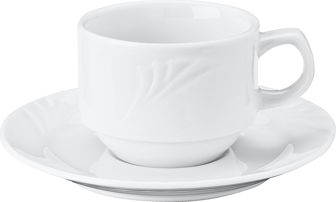 Farfurii pentru espresso Pulsiva Swing, porțelan alb, rotunde 12.5 cm cu relief simplu, rezistente la mașina de spălat vase și cuptor cu microunde
