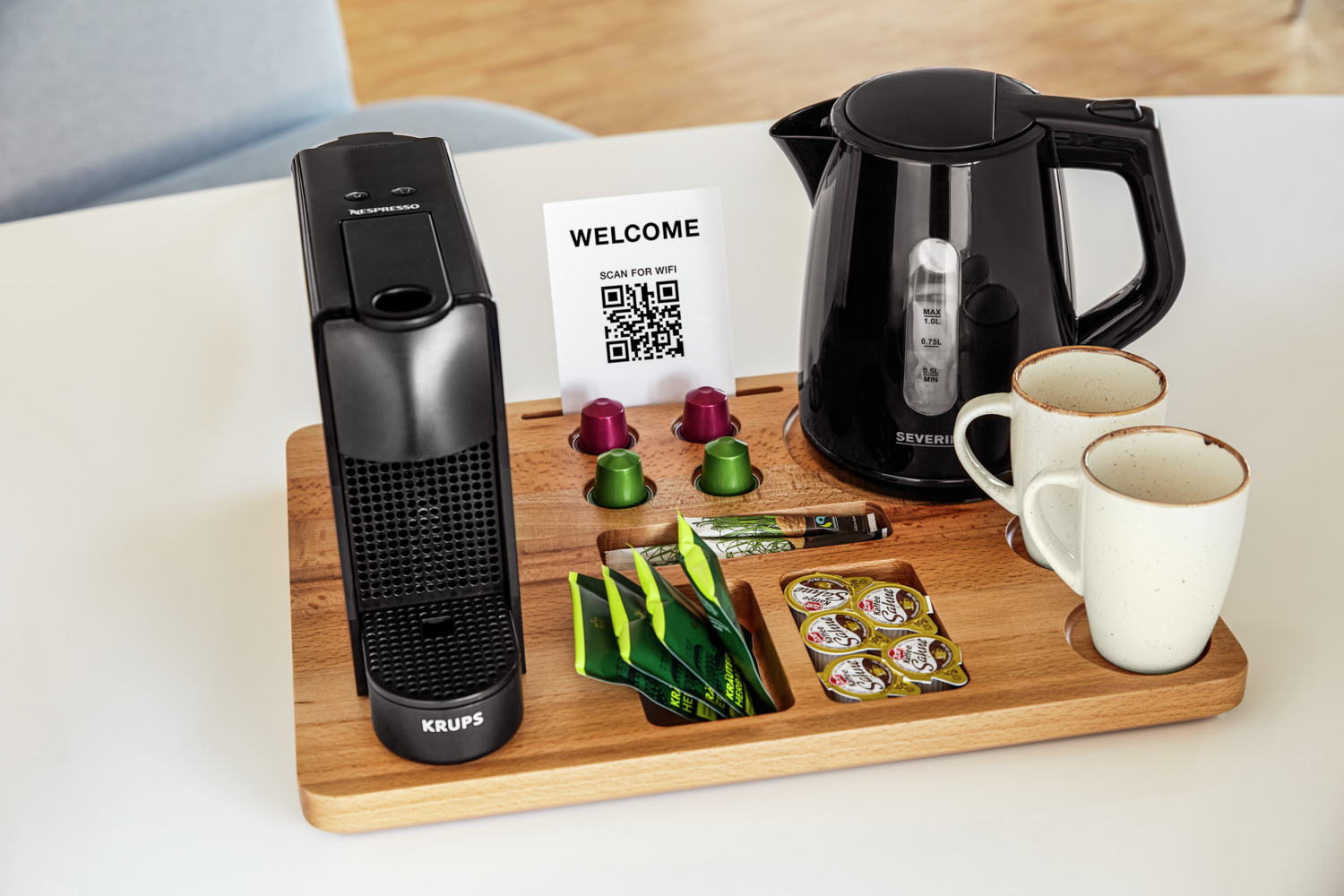 Pulsiva Savo II Hotel Welcome Tray, Natural Color, Water-Resistant Lacquered Beech Wood, 45 x 35 x 3.3 cm, Capacity for Coffee Machine, Kettle, Cups and Capsules