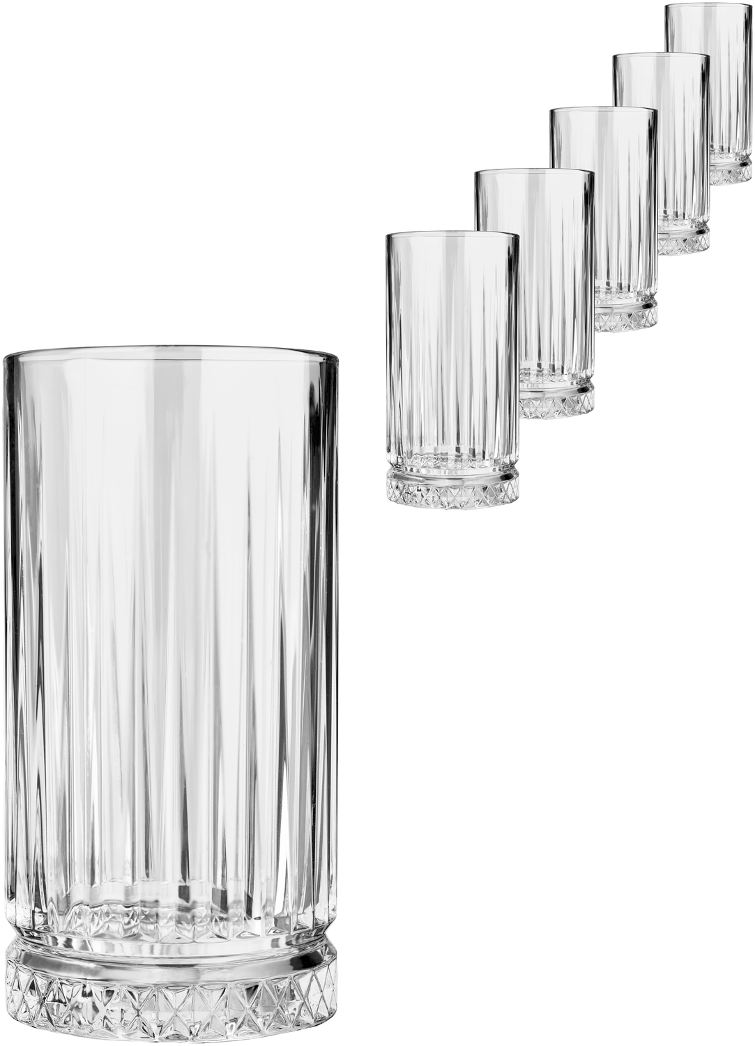 Pasabahce Elysia Long Drink Glass 445ml Transparent Glass with Vertical Relief Cuts and Diamond Ice Base, Dishwasher Safe
