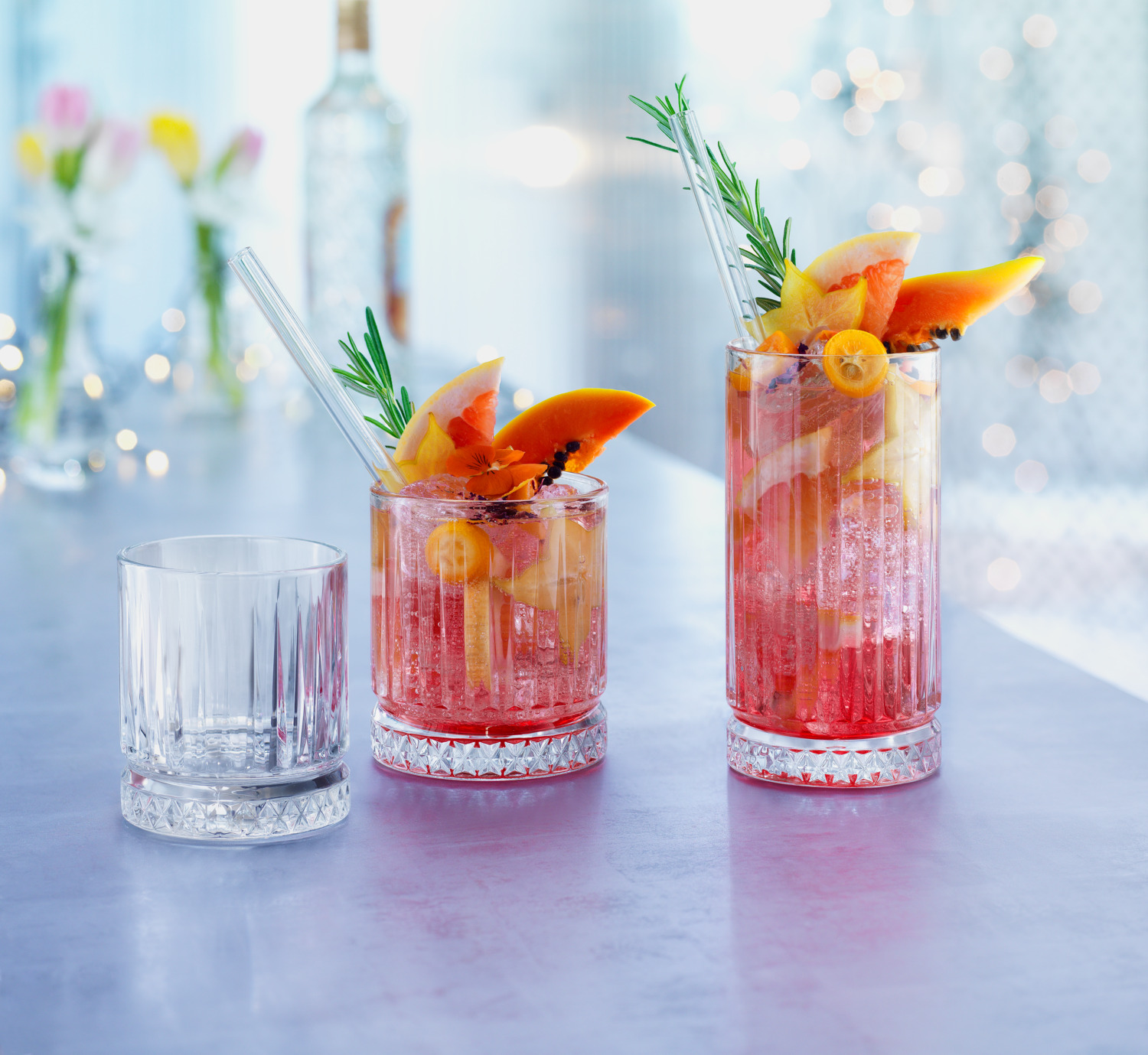Pasabahce Elysia Long Drink Glass 445ml Transparent Glass with Vertical Relief Cuts and Diamond Ice Base, Dishwasher Safe