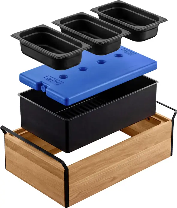 Tava refrigerata pentru bufet VEGA Esino, Baza din lemn de stejar GN 1/1, 3 Containere din melamină neagra GN 1/3, 61.9x38.6x20.9 cm, Vitrina refrigerata