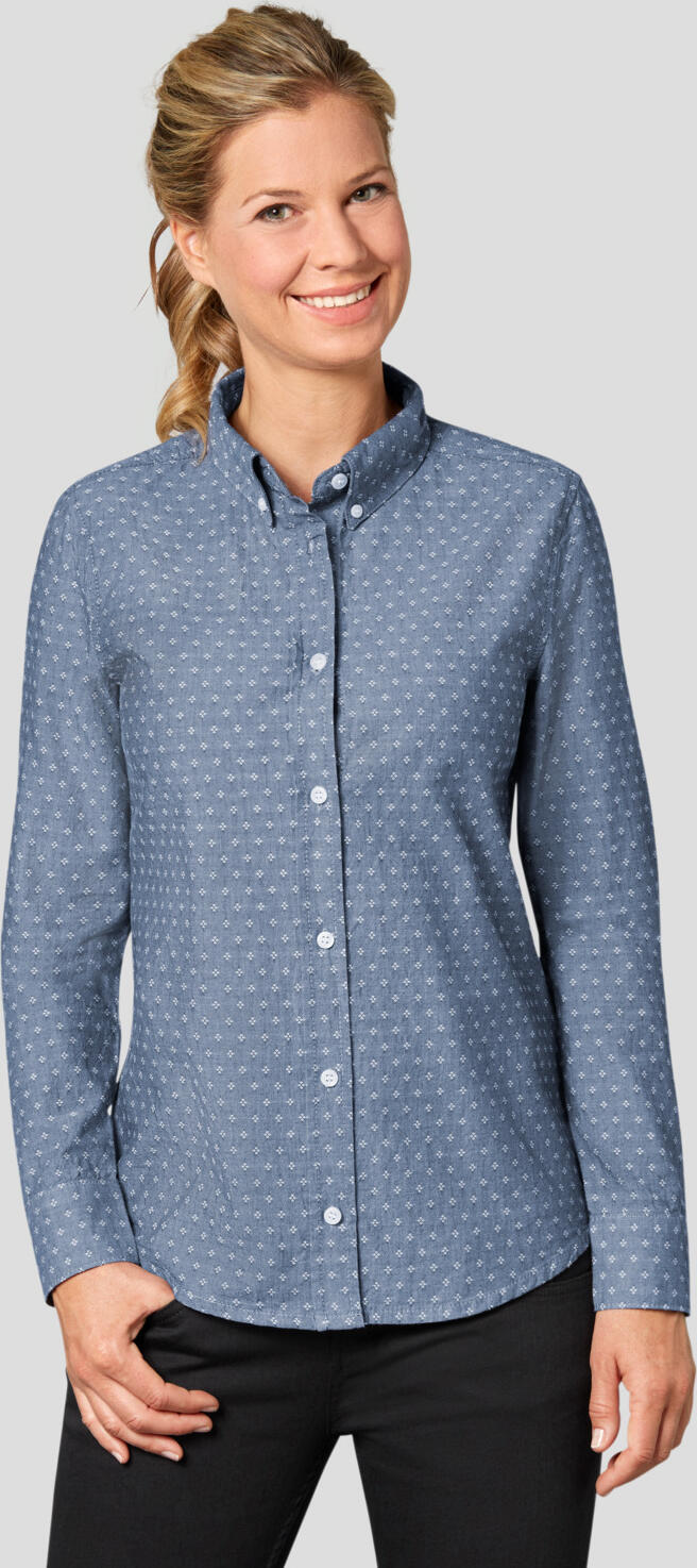 Jobeline Jona Women's Blouse, 100% Cotton Lightweight Chambray Jacquard, Slim Fit, Long Sleeves with Cuffs, Chest Pocket, Rounded Hem