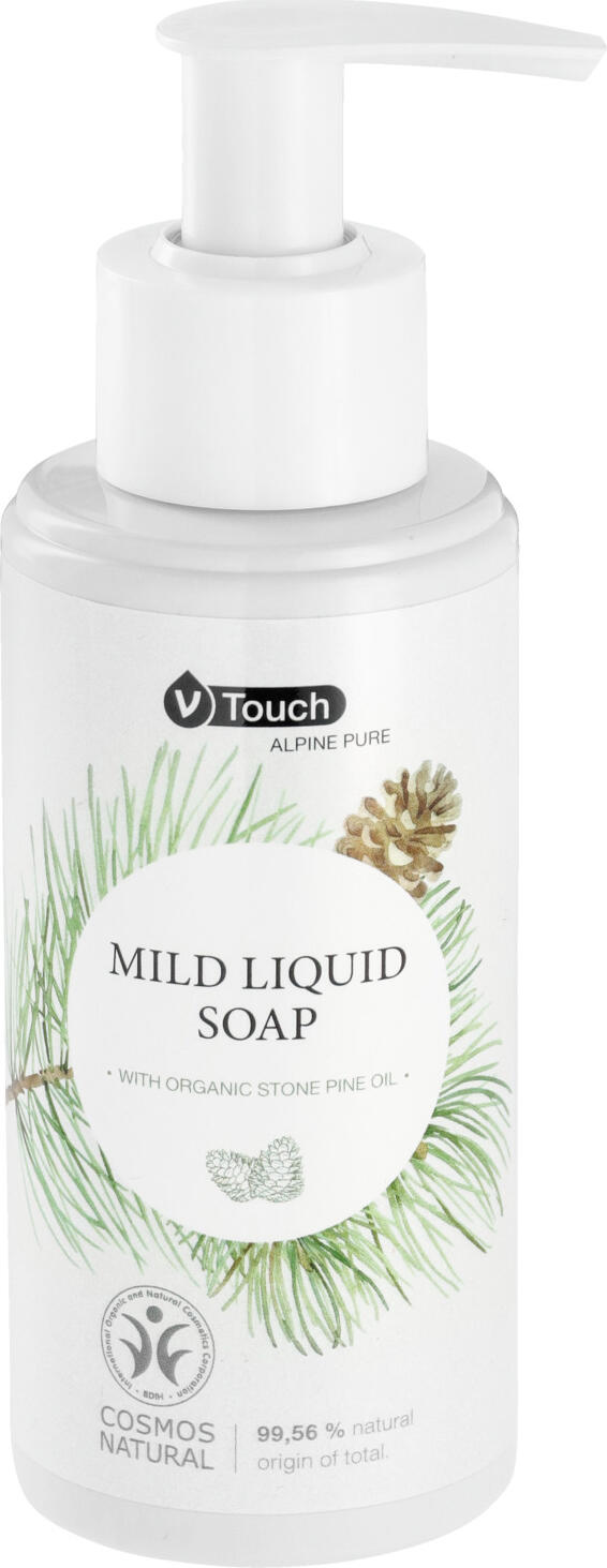 V-Touch LUSINI Solutions GmbH Hotel soap Alpine Pure pump dispenser Hotel Flüssigseife Alpine Pure Pumpspender Hotel soap Alpine Pure pump dispenser; 140 ml; white; 6 piece / pack Hotel Flüssigseife Alpine Pure Pumpspender; 140 ml; weiß; 6 Stück / Pack Delicately scented, relaxing V-Touch Alpine liquid soap. Certified natural cosmetics with guaranteed genuine organic Swiss stone pine oil from controlled organic farming.  Cleanses the hands gently and gently and leaves the skin feeling fresh. Suitable for all skin types. The practical pump dispenser can be refilled easily and flexibly, it is best to order a refill bottle at the same time.  Dermatologically tested and pH-neutral! The pump dispenser is made from 100% recycled material. Contents: 140 ml or 240 ml pump dispenser. Make it your product: V-Touch Alpine Pure item available with customised label from 200 pieces. Do not use for children under 3 years! Do not get into the eyes and do not apply undiluted to mucous membranes! Discontinue use immediately if skin irritation occurs! Feinherb duftende, entspannende Flüssigseife V-Touch Alpine. Zertifizierte Naturkosmetik mit garantiert echtem BIO Zirben Öl aus kontrolliert biologischer Landwirtschaft.  Reinigt die Hände mild und schonend und hinterlässt ein frisches Hautgefühl. Für jeden Hauttyp geeignet. Der praktische Pumpspender lässt sich einfach und flexibel nachfüllen, am besten gleich Nachfüllflasche  mitbestellen.  Dermatologisch getestet und pH-neutral! Der Pumpspender ist aus 100 % recyceltem Material. Inhalt: 140 ml oder 240 ml Pumpspender. Machen Sie es zu Ihrem Produkt:  V-Touch Alpine Pure Artikel mit individuellem Etikett ab 200 Stück erhältlich Nicht für Kinder unter 3 Jahren verwenden! Nicht in die Augen und unverdünnt nicht auf Schleimhäute bringen! Bei etwaigem Auftreten von Hautreizungen sofort absetzen!