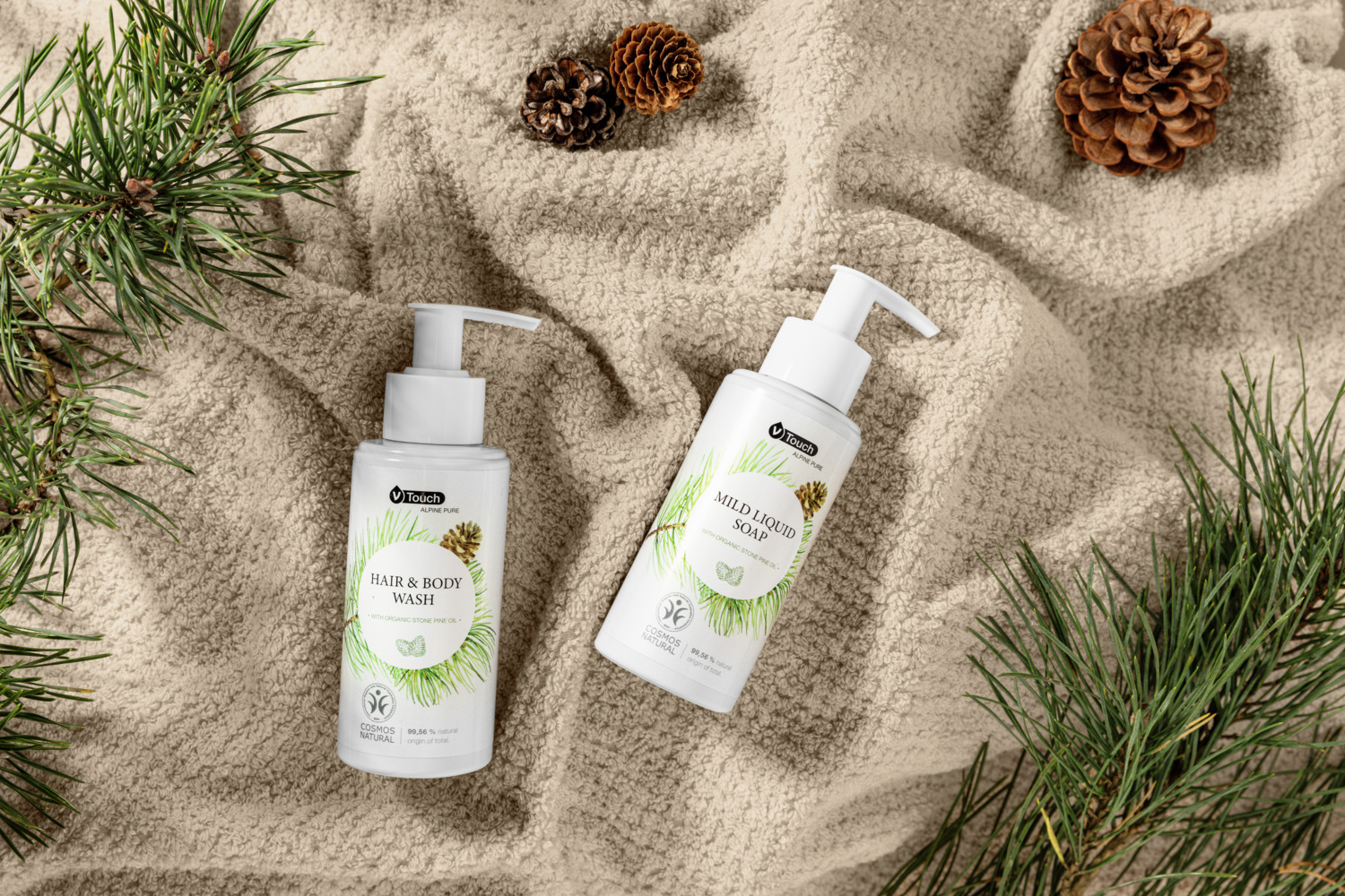 Sapun lichid delicat V-Touch Alpine Pure cu ulei de pin cematic organic din Elvetia, Certificat Cosmos Natural, Vegan, pH-neutru, Pompa 140ml