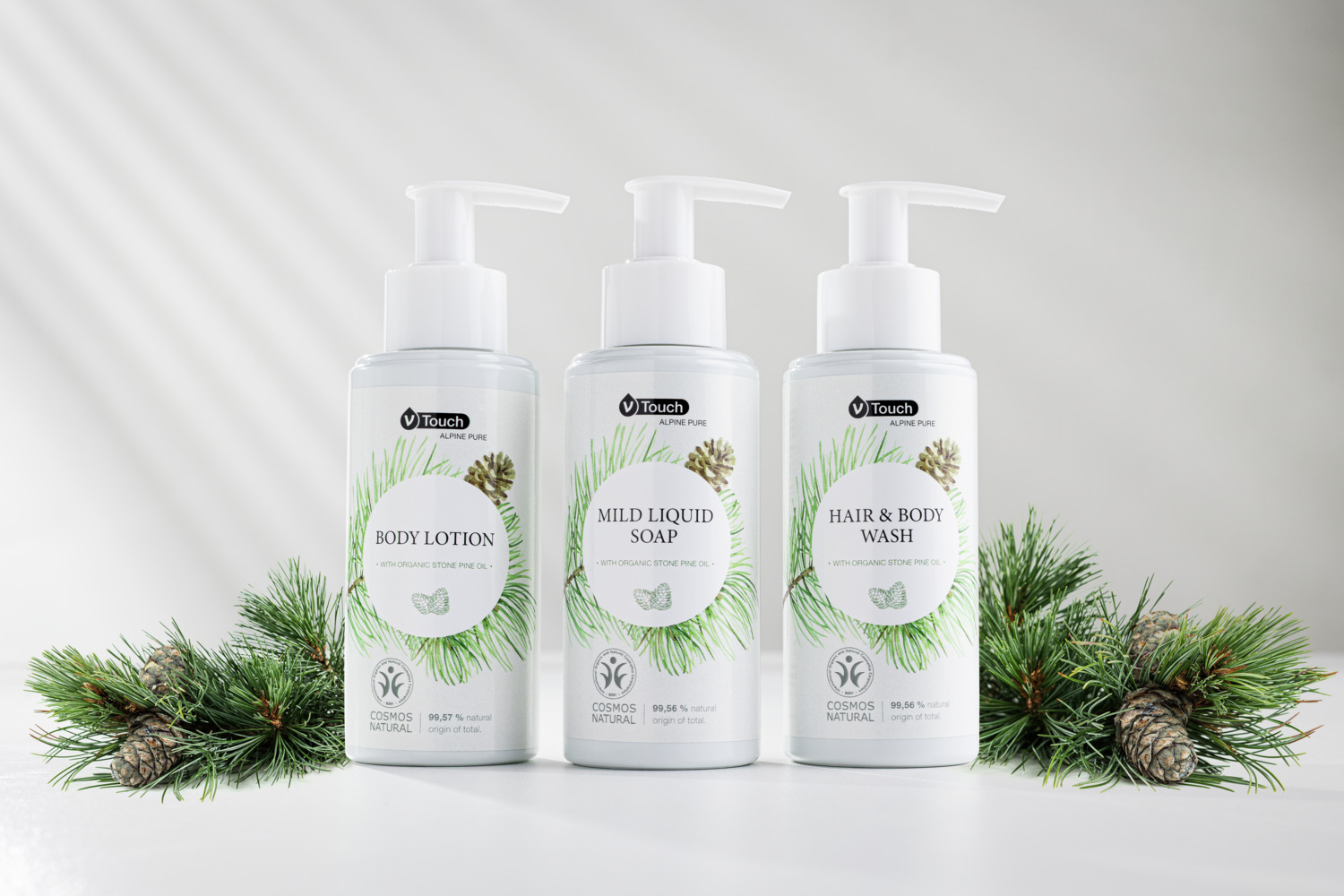 Sapun lichid delicat V-Touch Alpine Pure cu ulei de pin cematic organic din Elvetia, Certificat Cosmos Natural, Vegan, pH-neutru, Pompa 140ml