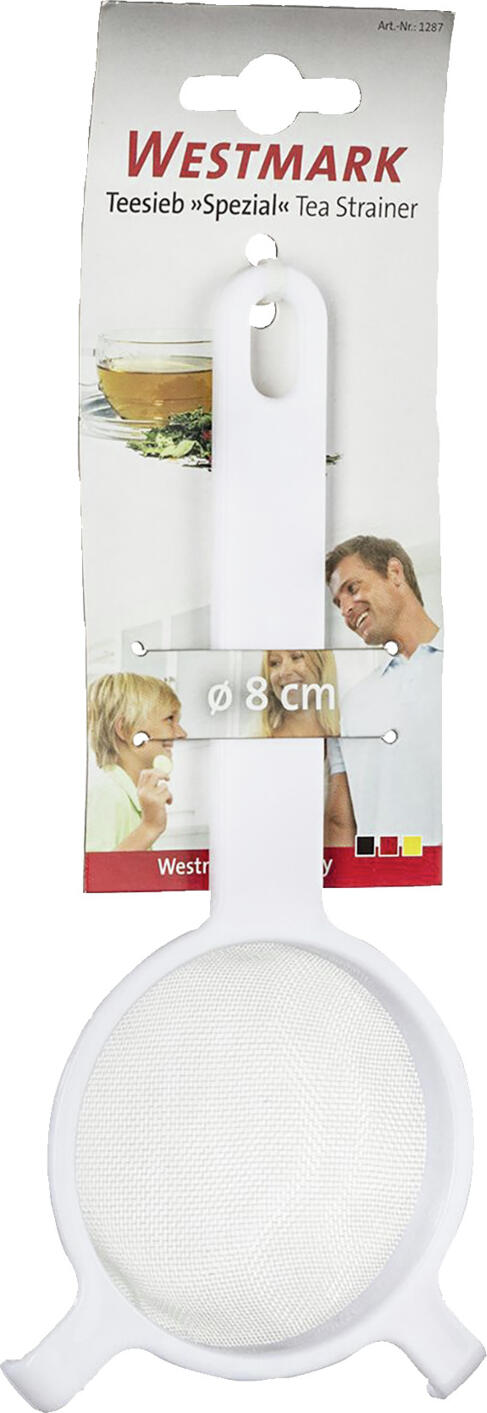 Westmark Spezial Tea Strainer Sieve 1287, 8 cm Diameter, White Plastic Frame with PE Synthetic Mesh and Support Hooks, Dishwasher Safe