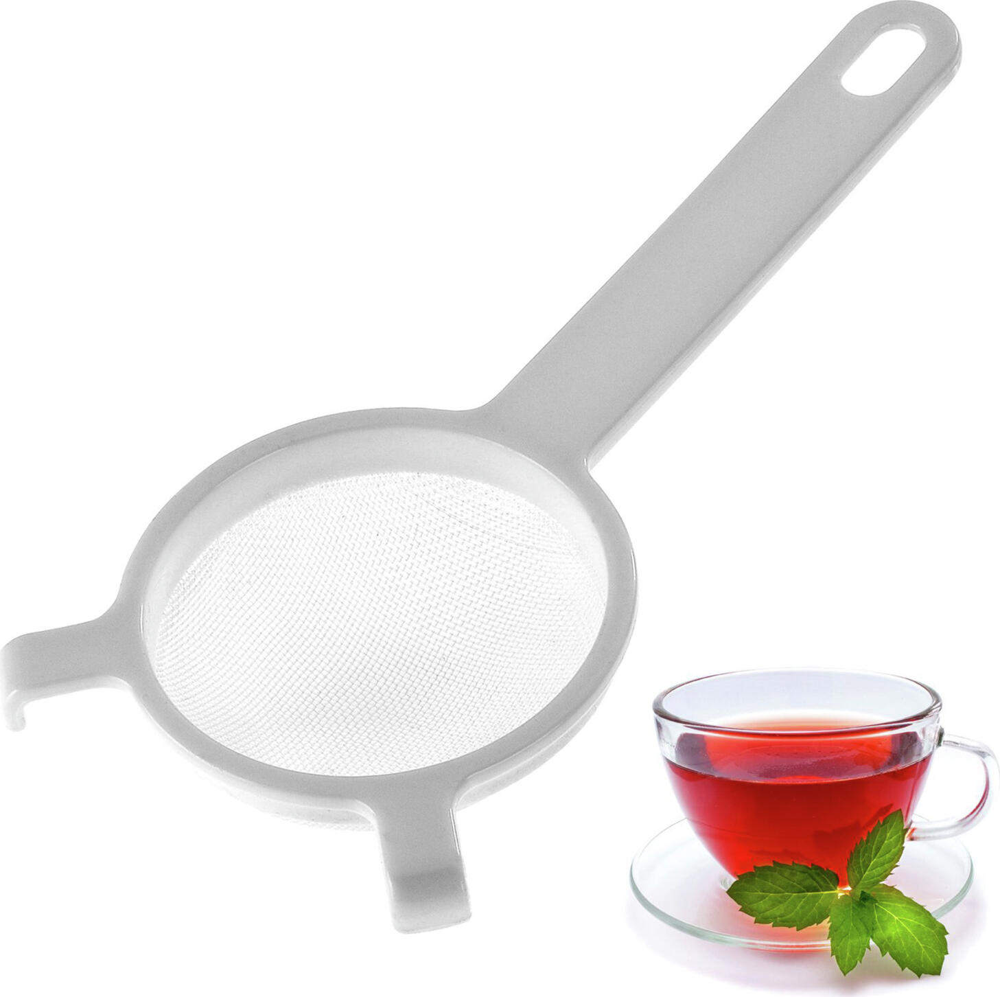 Westmark Spezial Tea Strainer Sieve 1287, 8 cm Diameter, White Plastic Frame with PE Synthetic Mesh and Support Hooks, Dishwasher Safe