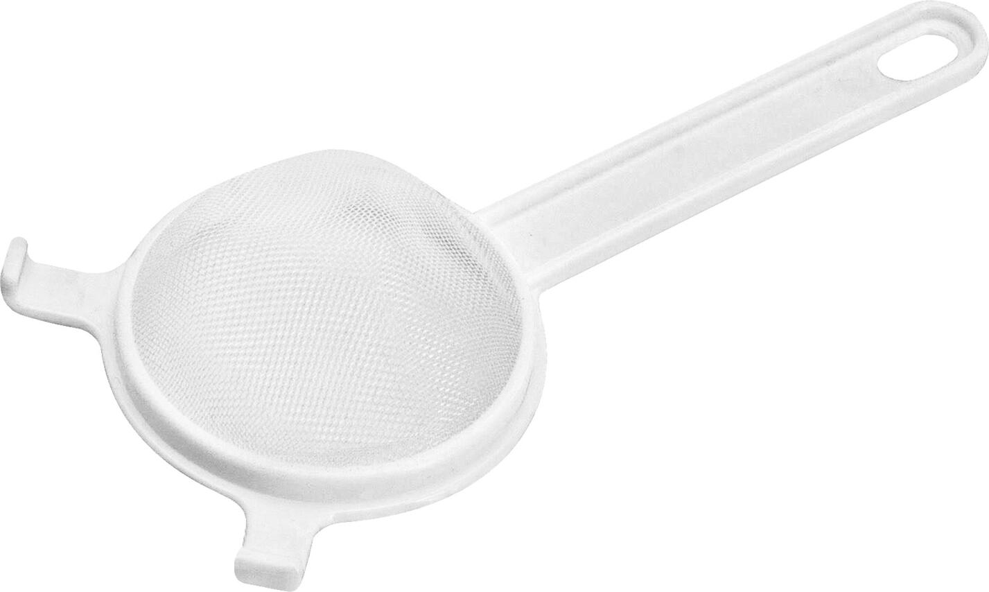 Westmark Spezial Tea Strainer Sieve 1287, 8 cm Diameter, White Plastic Frame with PE Synthetic Mesh and Support Hooks, Dishwasher Safe