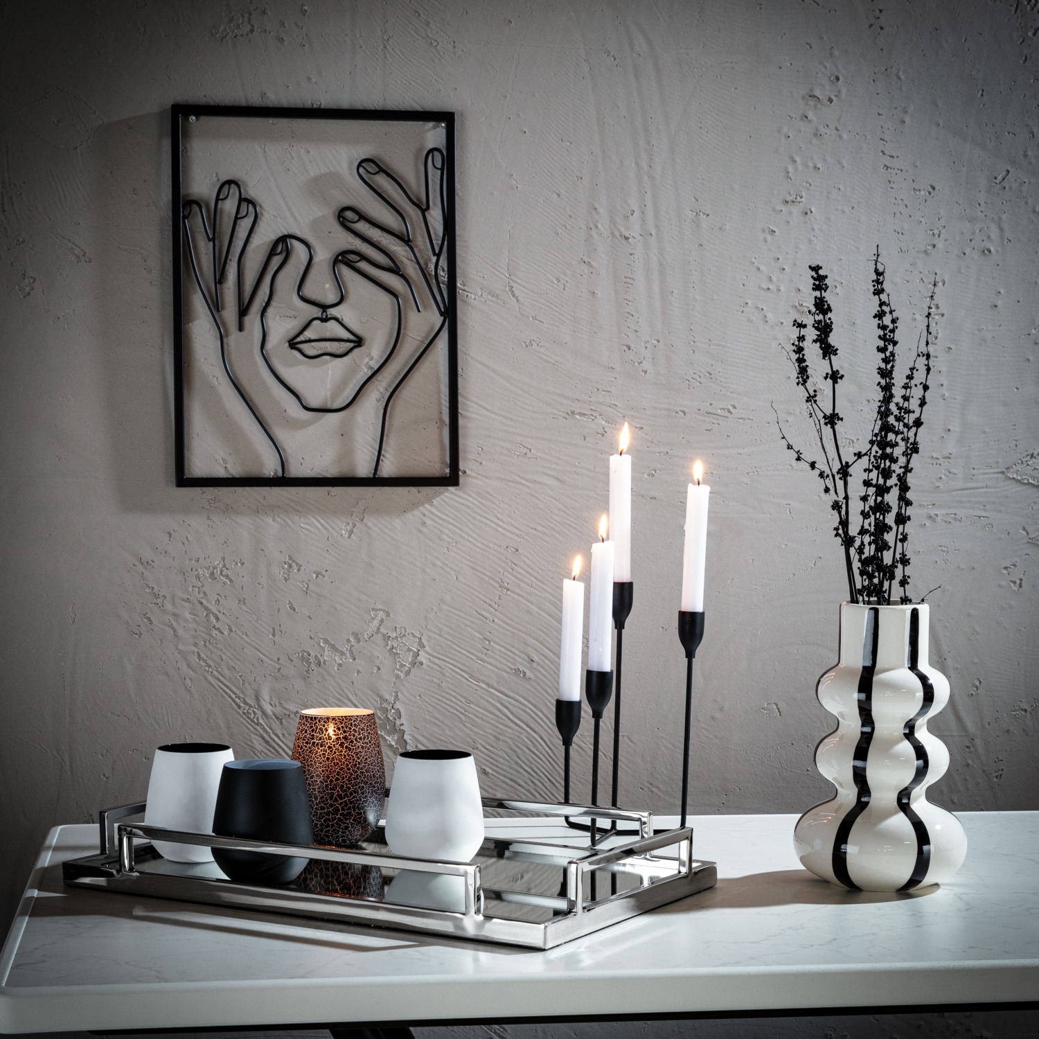 LUSINI Arvo Taper Candle Holder, Metal Design with Four Holders at Different Heights, Black, 16 x 16 x 25 cm