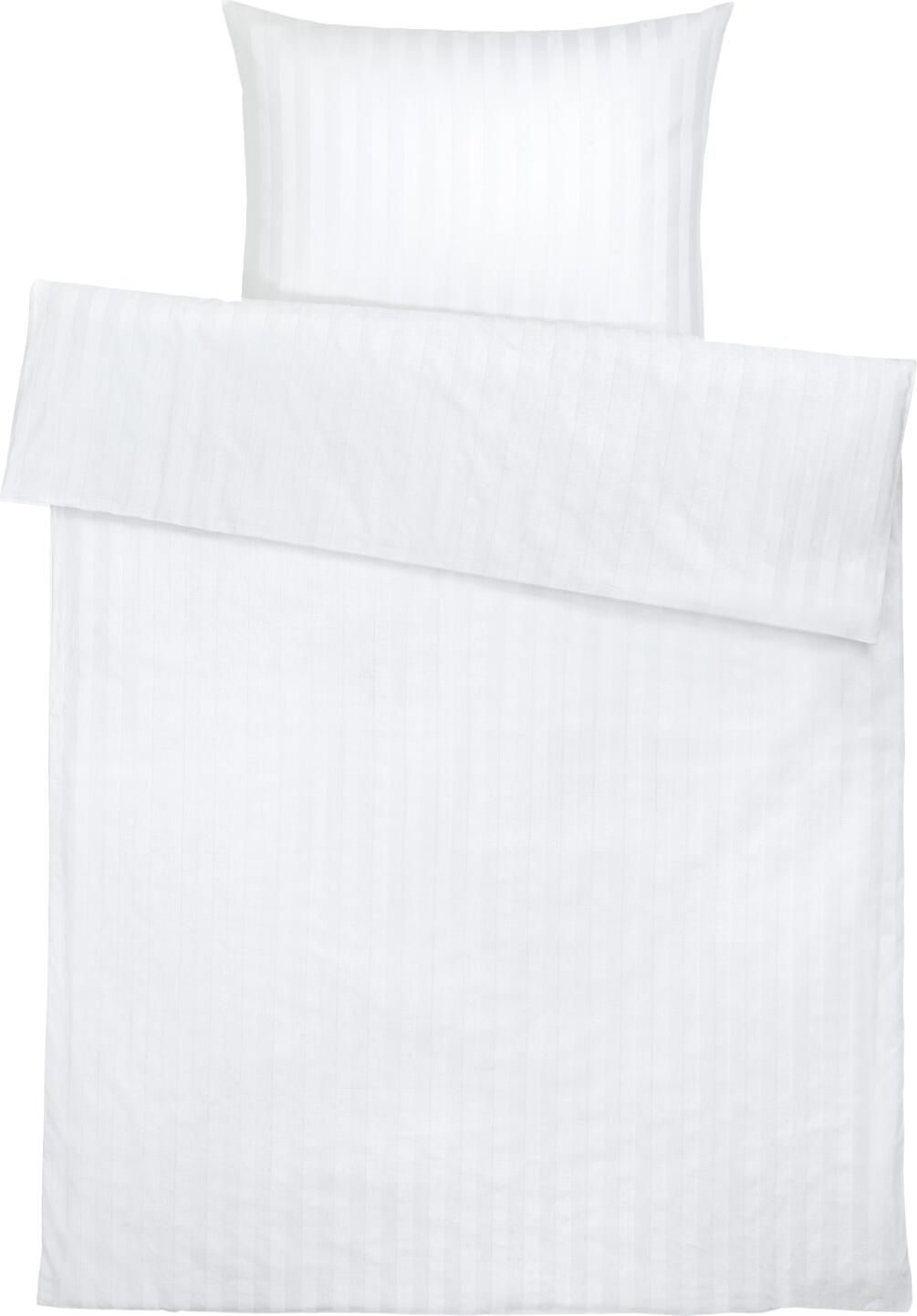 ERWIN M. LUSINI Solutions GmbH Bed linen set Rom-Meran Bettwäsche-Set Rom-Meran Bed linen set Rom-Meran; 135x200 cm (WxL), 40x80 cm (LxW); white Bettwäsche-Set Rom-Meran; 135x200 cm (BxL), 40x80 cm (LxB); weiß 100% cotton, mercerized. Weight approx. 180 g/m². Bed set with classic stripe design in top quality at an affordable price. Stripe width 25 mm. With hotel closure and bow dart. Reaches the specified size after three washes. Thread count (TC) thread density: 200 threads per inch. Weave type: Damask 100 % Baumwolle, mercerisiert. Gewicht ca. 180 g/m². Bettgarnitur mit klassischem Streifenmuster in bester Qualität zum günstigen Preis. Streifenbreite 25 mm. Mit Hotelverschluss und Bogenabnäher. Erreicht nach dreimaligem Waschen die angegebene Größe. Thread Count (TC) -Fadendichte: 200 Fäden je Inch Webart: Damast