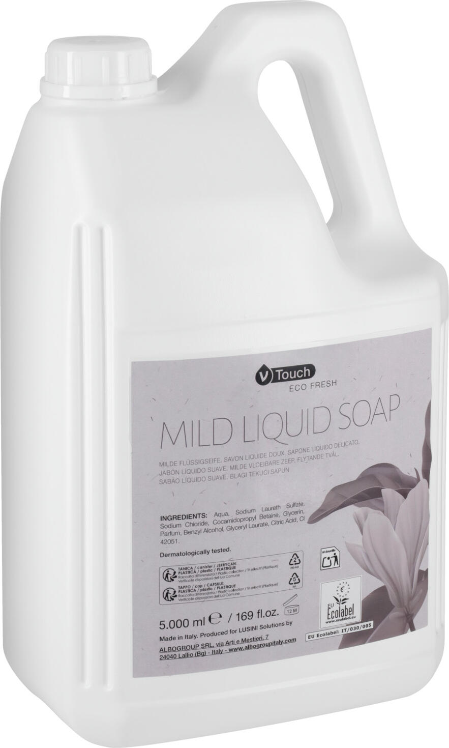 V-Touch LUSINI Solutions GmbH Hotel liquid soap Eco Fresh canister Hotel Flüssigseife Eco Fresh Kanister Hotel liquid soap Eco Fresh canister; 5000 ml; light-blue; 2 piece / pack Hotel Flüssigseife Eco Fresh Kanister; 5000 ml; hellblau; 2 Stück / Pack Mild, Ecolabel-certified and environmentally friendly V-Touch Eco Fresh liquid soap in a practical refill canister. Cleans and cares for hands and body equally well.  The EU Ecolabel is the European Union's ecological quality mark and recognises products that guarantee high performance standards but are characterised by a lower environmental impact throughout their life cycle. Dermatologically tested and pH-neutral. Content: 5000 ml This product from the Ecolabel-certified V-Touch Eco Fresh series can be personalised - with individual labels from 160 pieces. Milde, mit Ecolabel zertifiziert und umweltfreundliche Flüssig Seife V-Touch Eco Fresh im praktischen Nachfüllkanister. Reinigt und pflegt Hände und Körper gleichermaßen gut.  Das EU-Umweltzeichen ist das ökologische Qualitätszeichen der Europäischen Union und zeichnet Produkte aus, die zwar hohe Leistungsstandards garantieren, sich aber während ihres gesamten Lebenszyklus durch geringere Umweltauswirkungen auszeichnen. Dermatologisch getestet und pH-neutral. Inhalt: 5000 ml Dieses Produkt der Ecolabel-zertifizierte V?Touch Eco Fresh Serie ist personalisierbar – mit individuellem Etikett ab 160 Stück