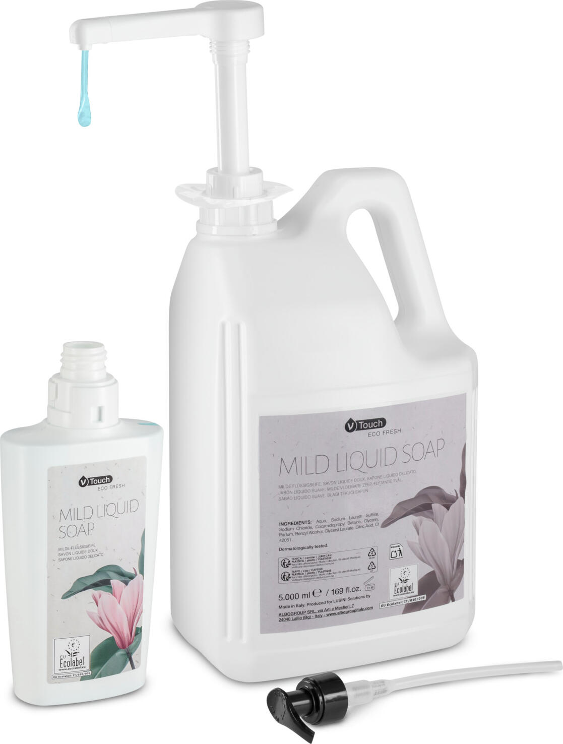 Sapun Lichid V-Touch Eco Fresh Mild, Aloe Vera, Citrice, 5000 ml Pungă de Refill, pH Neutru, Testat Dermatologic, Certificare EU Ecolabel, Fabricat in Italia