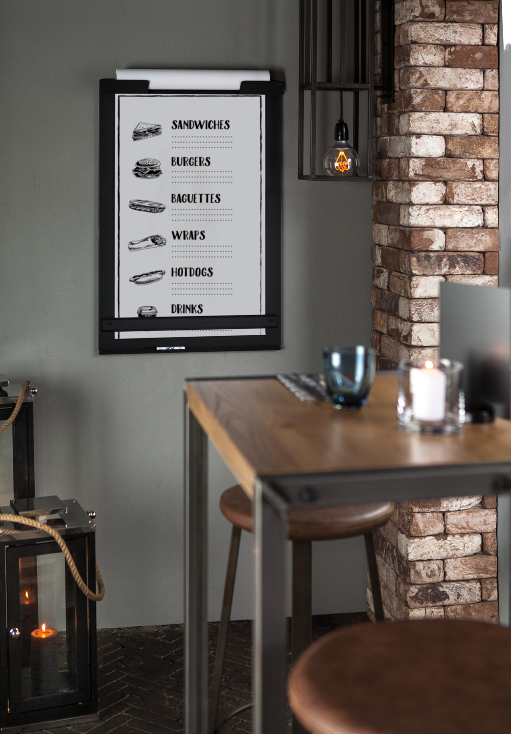 Lusini Rolloteo Wall-Mounted Inscribable Menu Board, Powder-Coated Aluminum, Anthracite, 60 x 89.5 x 11.2 cm, with Tear-Off Edge and Pen Shelf