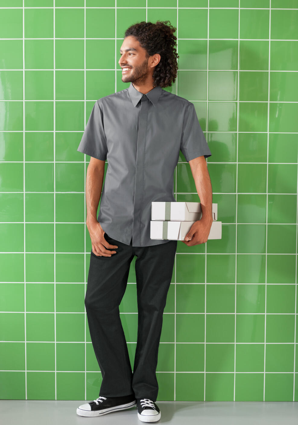 Jobeline Noah Men's Short Sleeve Shirt, Grey, Cotton-Polyester Blend, Kent Collar, Concealed Placket, Easy-Care, OEKO-TEX Standard 100