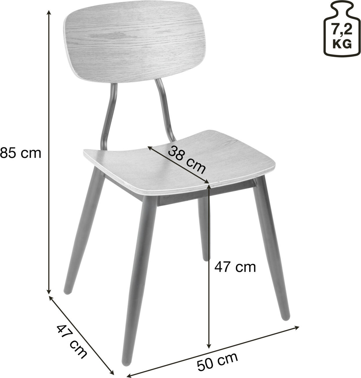 VEGA Scola Chair, Ash Plywood Seat, Black Lacquered Steel Base, Antique Oak, 50x47x85 cm, Ergonomic Contract Furniture for Cafes and Restaurants