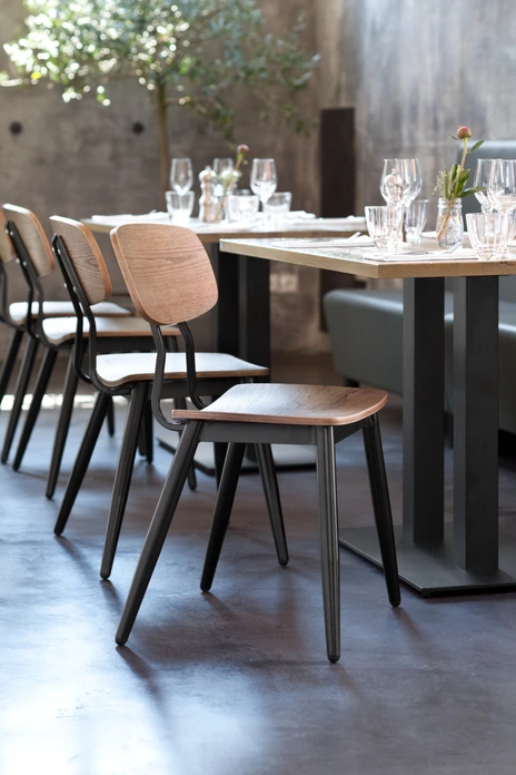 VEGA Scola Chair, Ash Plywood Seat, Black Lacquered Steel Base, Antique Oak, 50x47x85 cm, Ergonomic Contract Furniture for Cafes and Restaurants
