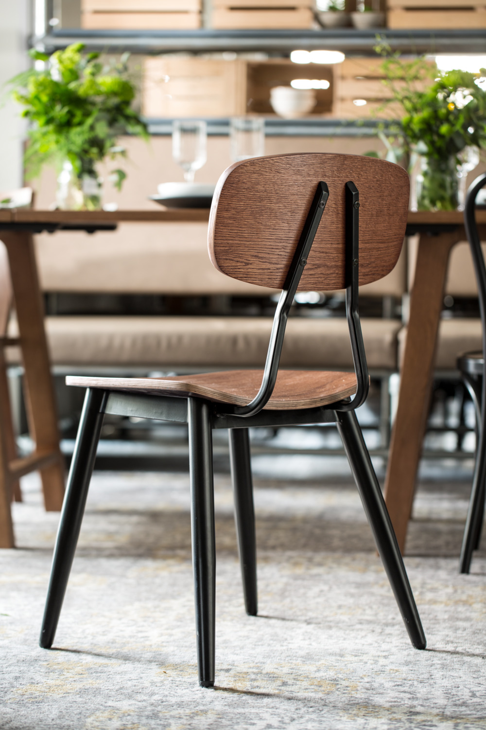 Scaun Ergonomic Vintage VEGA Scola, Scaun din Placaj de Frasin si Cadru din Otel Lacuit Negru, 50x47x85 cm, pentru Restaurante si Cafenele