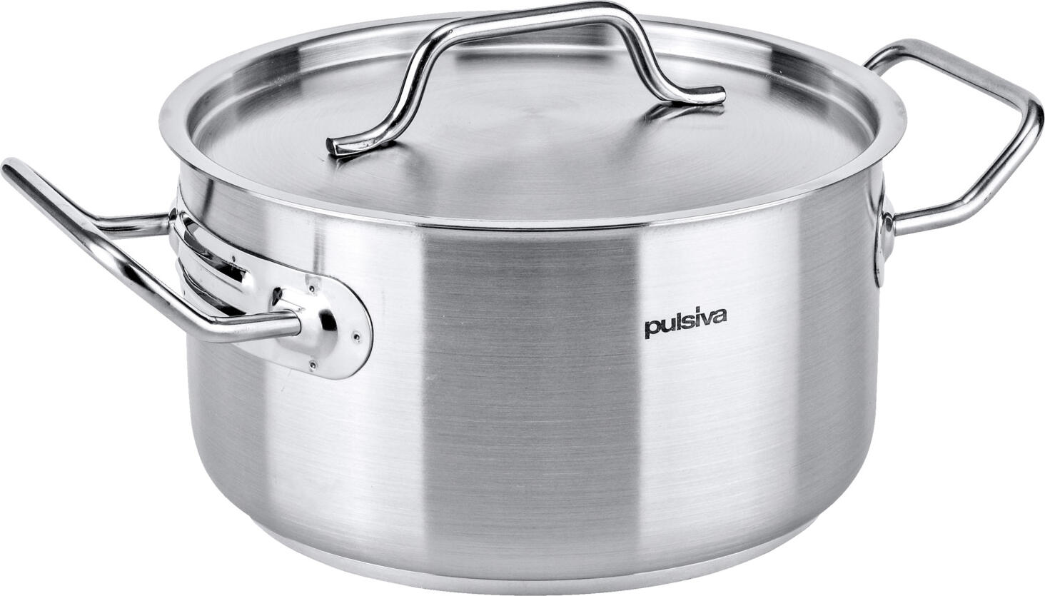 PULSIVA LUSINI Solutions GmbH Roasting pan Chef Bratentopf Chef Roasting pan Chef; 8 l, 28x12 cm (ØxH); silver Bratentopf Chef; 8 l, 28x12 cm (ØxH); silber Cooking pot made of chrome-nickel stainless steel 18/0, rustproof, matt brushed. Extra strong design. Strong stainless steel base in sandwich technique, with 6 mm aluminium core. Spot-welded, solid handles. With pouring rim. Available in different sizes. Suitable for all hob types. Supplied without lid. Kochtopf aus Chrom-Nickel-Edelstahl 18/0, rostfrei, matt gebürstet. Extra starke Ausführung. Starker Edelstahlboden in Sandwich-Technik, mit 6 mm Aluminiumkern. Punktgeschweißte, massive Griffe. Mit Schüttrand. In unterschiedlichen Größen erhältlich. Geeignet für alle Herdarten. Lieferung ohne Deckel.