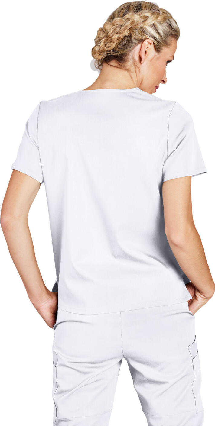 Tunică Medicală Feminină Jobeline Aversa, Guler V, Mânecă Scurtă, Lyocell Tencel și Poliester, Respirabilă și Prietenoasă cu Pielea, Lungime 60 cm