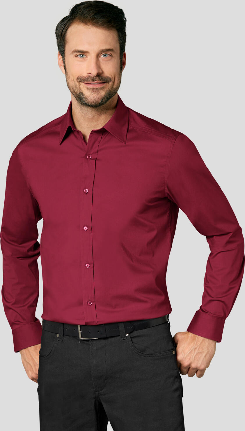 Jobeline Bruce Men's Long Sleeve Shirt, 98% Cotton 2% Elastane, Kent Collar, Classic Cuffs, Extra-Long Back, Bordeaux, OEKO-TEX Standard 100