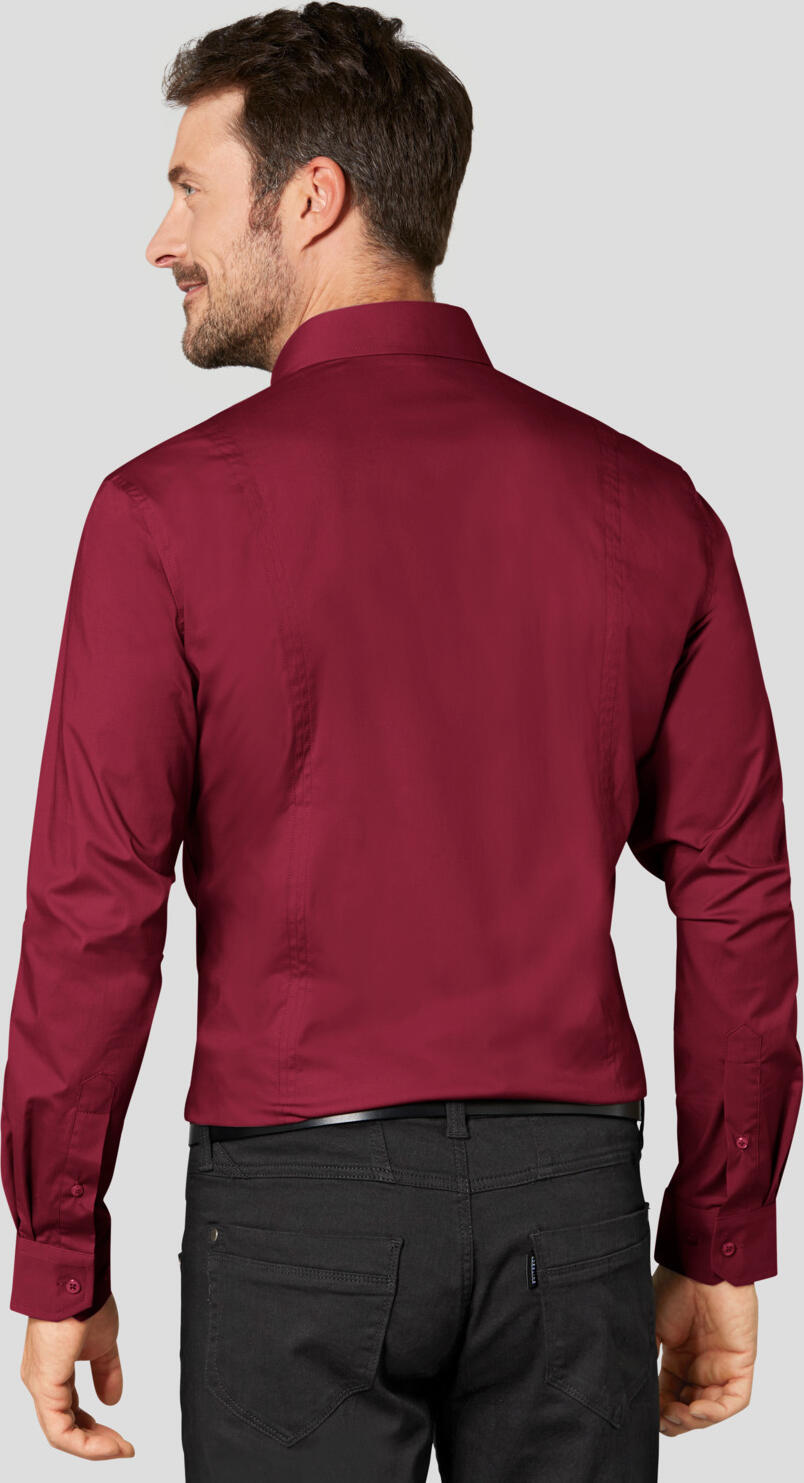 Jobeline Bruce Men's Long Sleeve Shirt, 98% Cotton 2% Elastane, Kent Collar, Classic Cuffs, Extra-Long Back, Bordeaux, OEKO-TEX Standard 100
