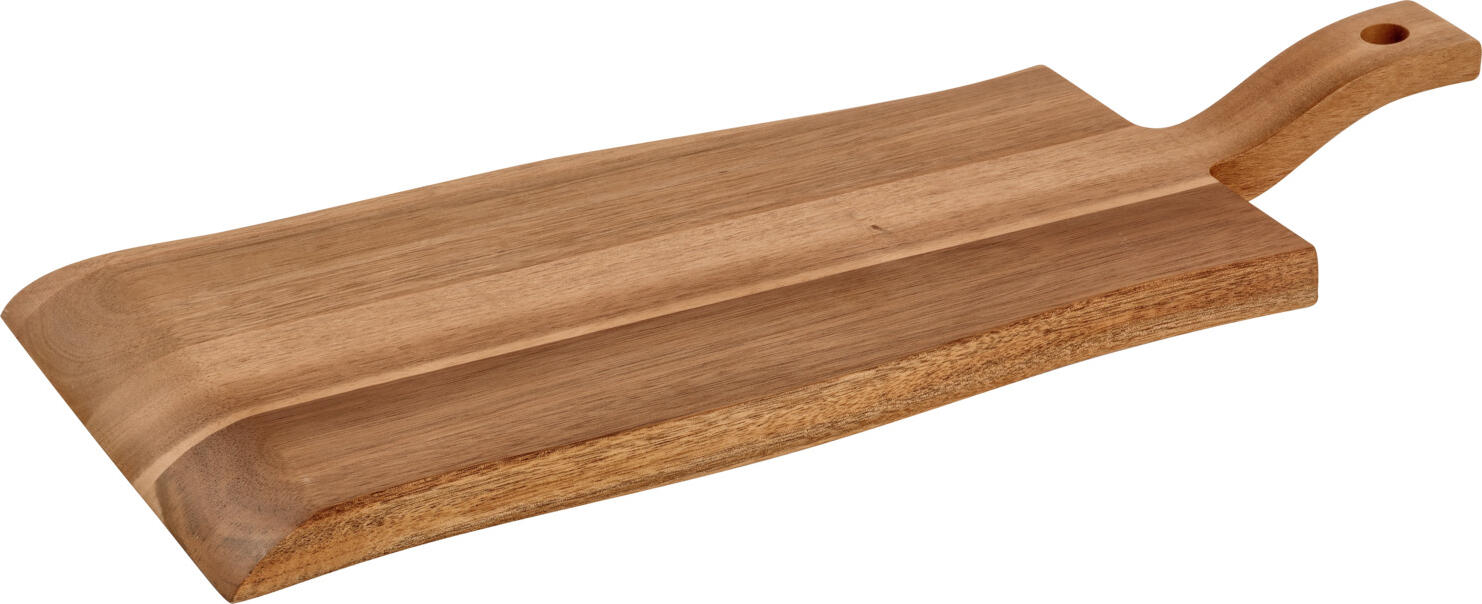 VEGA LUSINI Solutions GmbH Serving board Merlino Servierbrett Merlino Serving board Merlino; 46x20x4.5 cm (LxWxH); brown; rectangular Servierbrett Merlino; 46x20x4.5 cm (LxBxH); braun; rechteckig Food board made of oiled acacia wood with raised handle and hanging hole included. Not suitable for dishwasher. Food safe. Speisenbrett aus geöltem Akazienholz mit erhöhtem Tragegriff und abgerundeter Ablagefläche vorne. Inklusive Aufhängeloch. Nicht spülmaschinengeeignet. Lebensmittelecht.