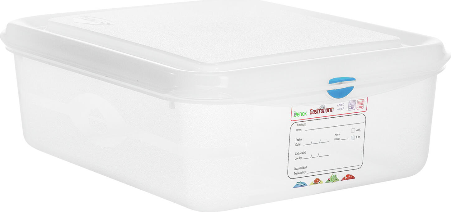 Denox FABRICANTES DE MENAJE, S. A. GN plastic container Dena 1/9 GN-Kunststoffbehälter Dena 1/9 GN plastic container Dena 1/9; GN 1/9, 0.6 l, 17.6x10.8x6.5 cm (LxWxD); transparent; 12 piece / pack GN-Kunststoffbehälter Dena 1/9; GN 1/9, 0.6 l, 17.6x10.8x6.5 cm (LxBxT); transparent; 12 Stück / Pack Affordable and stable GN storage boxes made of polypropylene (container) or polyethylene (lid). Food-safe and temperature-resistant from -10 °C to +70 °C. The boxes are standardized and dishwasher safe. They are provided with permanent labels for labeling content, date of storage, best before, etc.  The lids and containers can be marked with color clips to meet the hygiene regulations. The boxes are supplied with a tight lid and clips in four colors. Stabile GN-Vorratsboxen aus Polypropylen (Behälter) bzw. Polyethylen (Deckel). Lebensmittelecht und temperaturbeständig von -10 °C bis +70 °C. Spülmaschinenfest. Mit permanentem Etikett zur Beschriftung mit Inhalt, Einlagerungsdatum und MHD. Um die Hygieneverordnung einzuhalten, können Deckel und Behälter mit Farbclips gekennzeichnet werden. Lieferung inkl. Deckel und Clips.