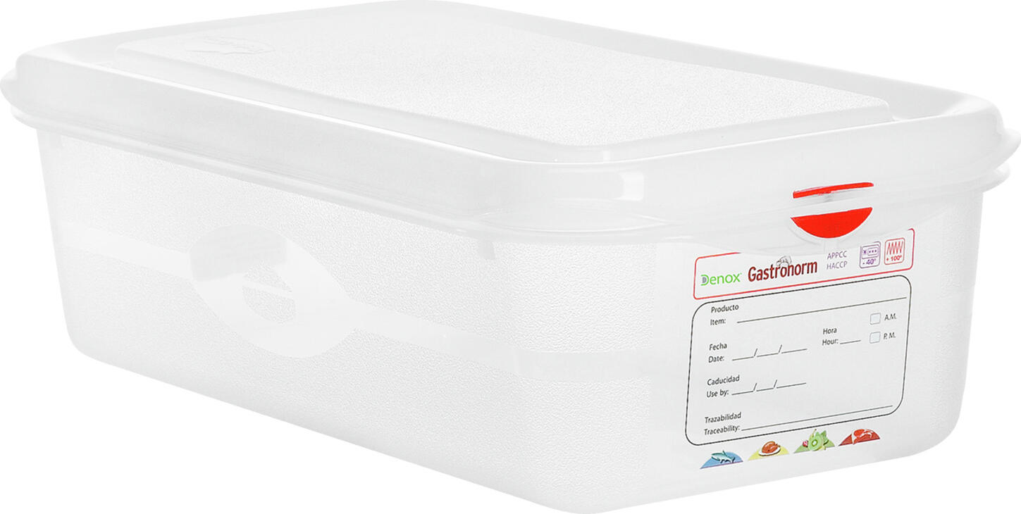 Denox FABRICANTES DE MENAJE, S. A. GN plastic container Dena 1/9 GN-Kunststoffbehälter Dena 1/9 GN plastic container Dena 1/9; GN 1/9, 1 l, 17.6x10.8x10 cm (LxWxD); transparent; 12 piece / pack GN-Kunststoffbehälter Dena 1/9; GN 1/9, 1 l, 17.6x10.8x10 cm (LxBxT); transparent; 12 Stück / Pack Affordable and stable GN storage boxes made of polypropylene (container) or polyethylene (lid). Food-safe and temperature-resistant from -10 °C to +70 °C. The boxes are standardized and dishwasher safe. They are provided with permanent labels for labeling content, date of storage, best before, etc.  The lids and containers can be marked with color clips to meet the hygiene regulations. The boxes are supplied with a tight lid and clips in four colors. Stabile GN-Vorratsboxen aus Polypropylen (Behälter) bzw. Polyethylen (Deckel). Lebensmittelecht und temperaturbeständig von -10 °C bis +70 °C. Spülmaschinenfest. Mit permanentem Etikett zur Beschriftung mit Inhalt, Einlagerungsdatum und MHD. Um die Hygieneverordnung einzuhalten, können Deckel und Behälter mit Farbclips gekennzeichnet werden. Lieferung inkl. Deckel und Clips.