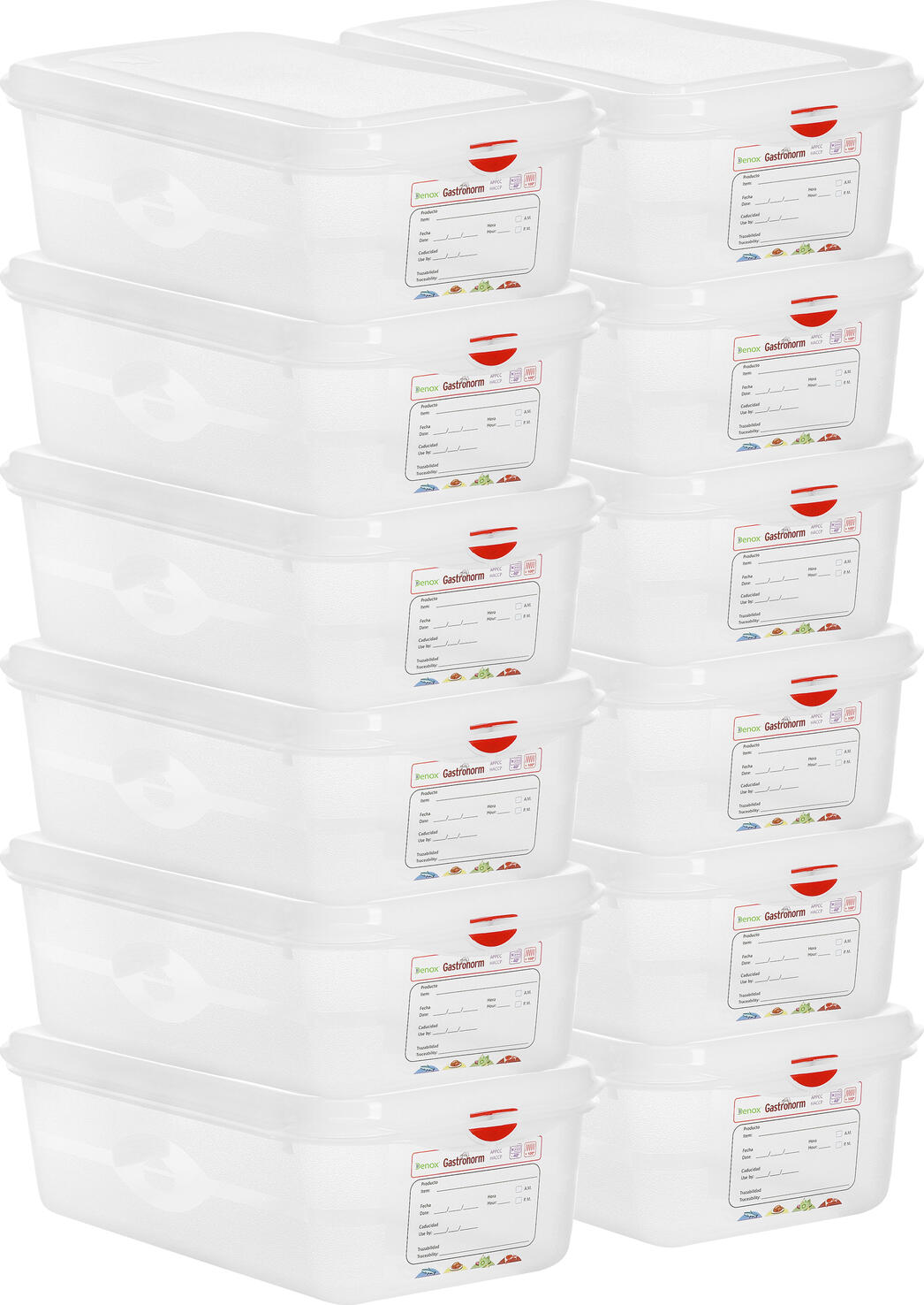 Denox Dena GN 1/9 Plastic Container Set of 12, 1 Liter Polypropylene Food-Safe Containers with Lids, Color Clips and Labels, Transparent